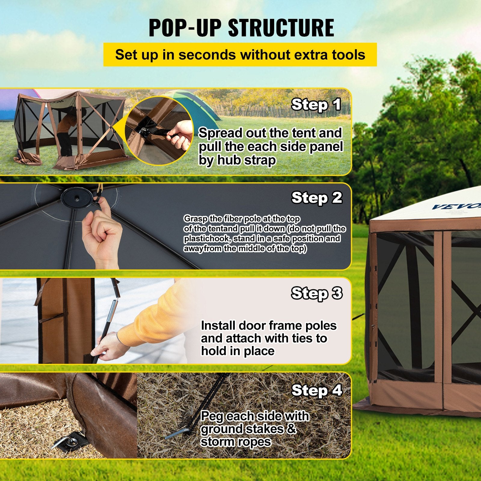 Pop-up Camping Gazebo Camping Canopy Shelter 6 Sided 10' x 10' Sun Shade - Image 4