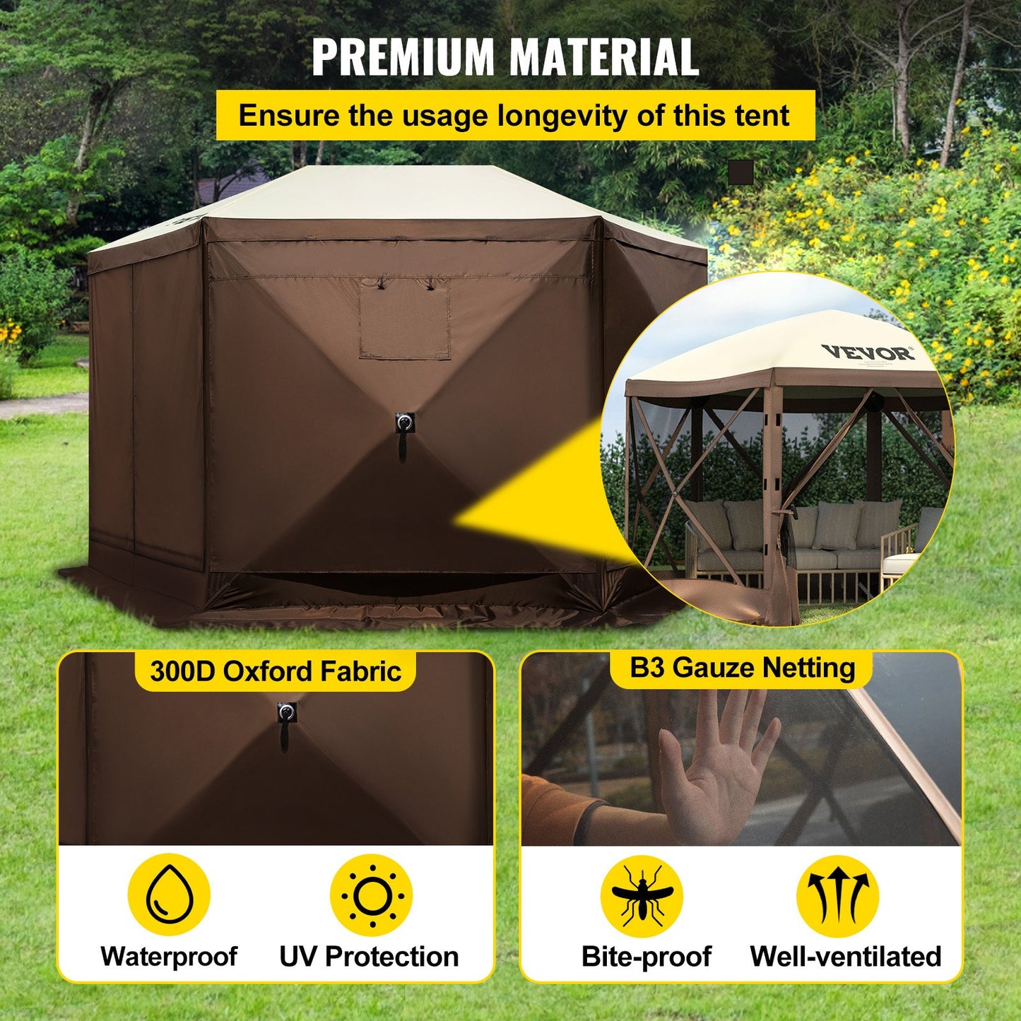 Pop-up Camping Gazebo Camping Canopy Shelter 6 Sided 10' x 10' Sun Shade - Image 5