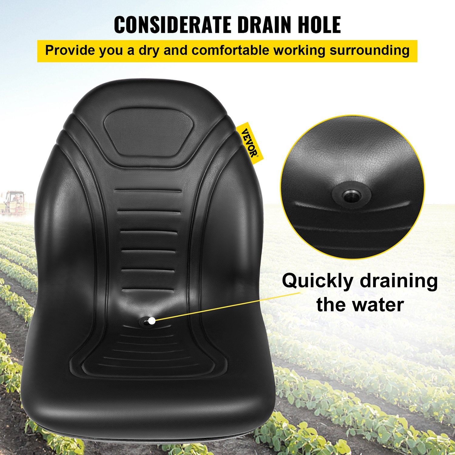 Universal Lawn Tractor Seat Replacement, Compact High Back Mower Seat, Black Vinyl Forklift Seat, Central Drain Hole Skid Steer Seat with Mounting Bolt Patterns of 8" x 11.5" & 11.25" x 11.5" - Image 4