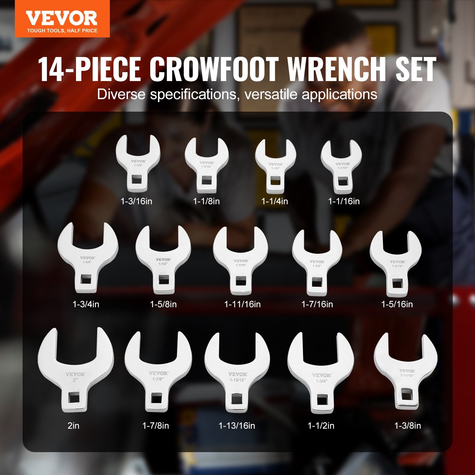 Crowfoot Wrench Set, 1/2" Drive 14-Piece SAE (1-1/16" - 2") Crows Foot Wrench Set with Storage Tray, 40CR Material with Laser Etched Sizing, for Mechanical Maintenance or Repairs - Image 2