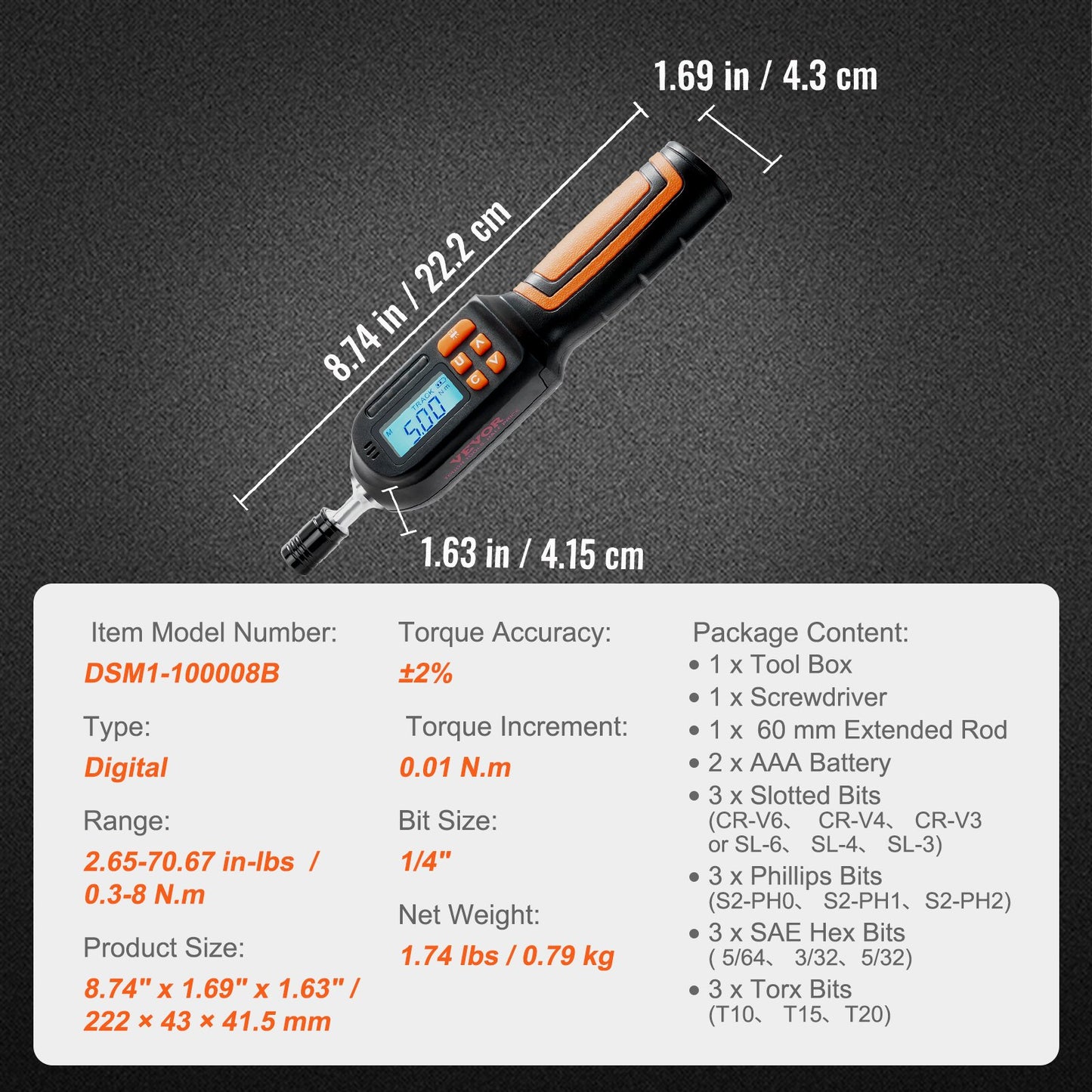 Digital Torque Screwdriver 1/4" Range 2.65-70.67in/lb w/ 0.01N.m Increment - Image 7