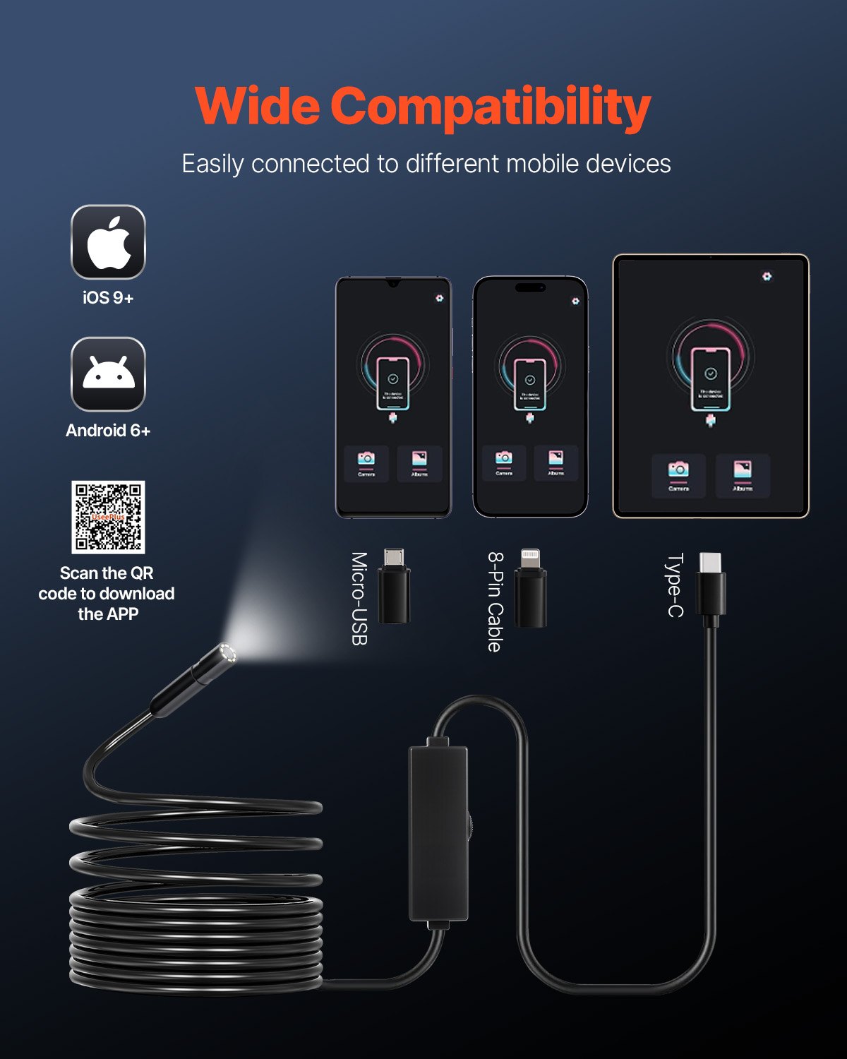 Endoscope Camera with Light, 1920P HD Borescope for Android & IOS, 8 LED Lights Inspection Camera with 5m Semi-Rigid Cable, 2X Zoom, IP67 Waterproof Snake Scope Camera for Auto, Plumbing - Image 4