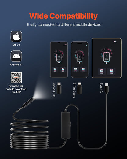 Endoscope Camera with Light, 1920P HD Borescope for Android & IOS, 8 LED Lights Inspection Camera with 5m Semi-Rigid Cable, 2X Zoom, IP67 Waterproof Snake Scope Camera for Auto, Plumbing - Image 4