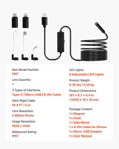 Endoscope Camera with Light, 1920P HD Borescope for Android & IOS, 8 LED Lights Inspection Camera with 5m Semi-Rigid Cable, 2X Zoom, IP67 Waterproof Snake Scope Camera for Auto, Plumbing - Image 7
