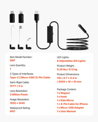 Endoscope Camera with Light, 1920P HD Borescope for Android & IOS, 8 LED Lights Inspection Camera with 3m Semi-Rigid Cable, 2X Zoom, IP67 Waterproof Snake Scope Cameras for Auto, Plumbing - Image 7