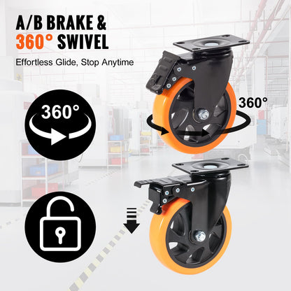 Caster Wheels, 127 mm Swivel Plate Casters, Set of 4, with Security A/B Locking No Noise PVC Wheels, Heavy Duty 204 kg Load Capacity Per Caster, Non-Marking Wheels for Cart Furniture Workbench - Image 3