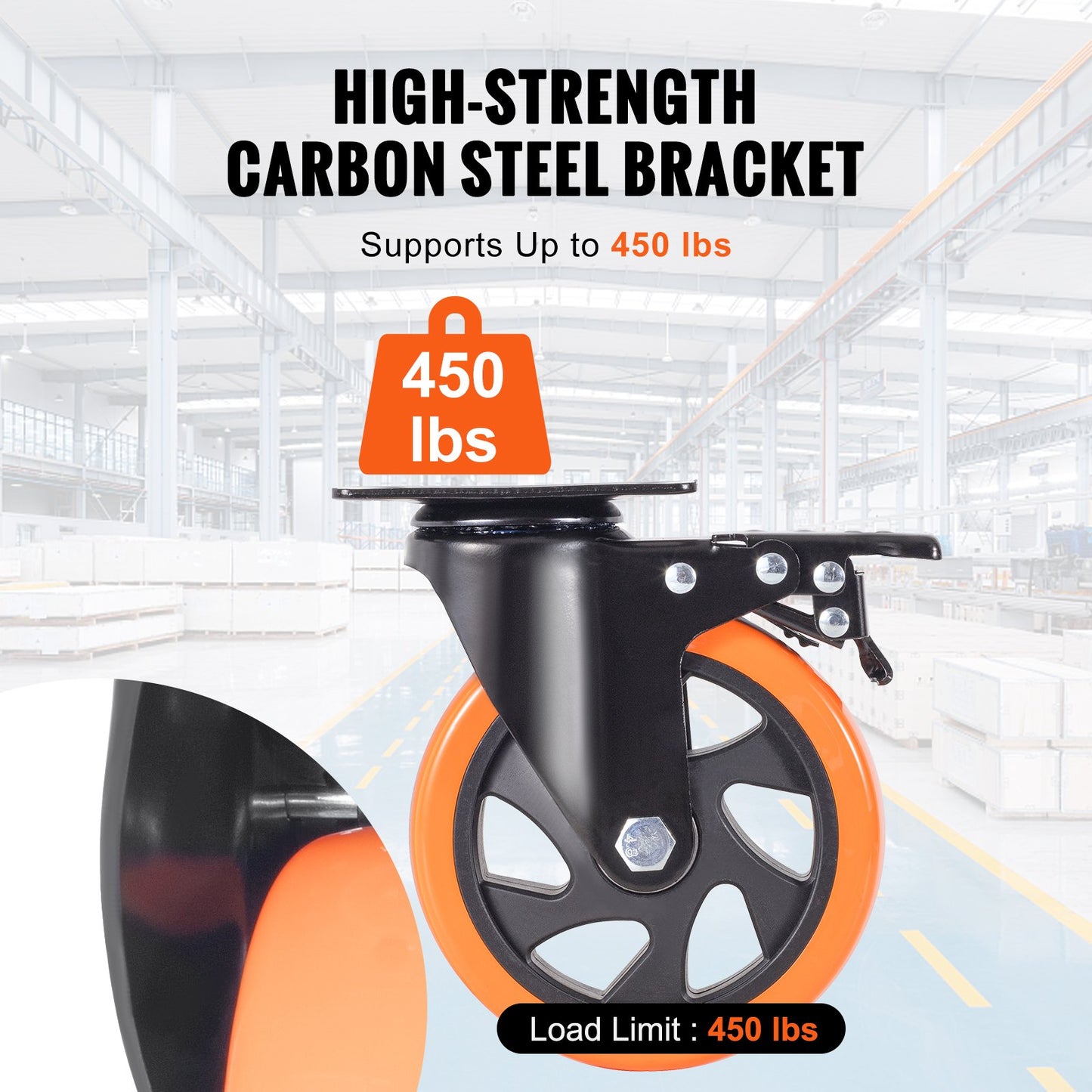 Caster Wheels, 127 mm Swivel Plate Casters, Set of 4, with Security A/B Locking No Noise PVC Wheels, Heavy Duty 204 kg Load Capacity Per Caster, Non-Marking Wheels for Cart Furniture Workbench - Image 4
