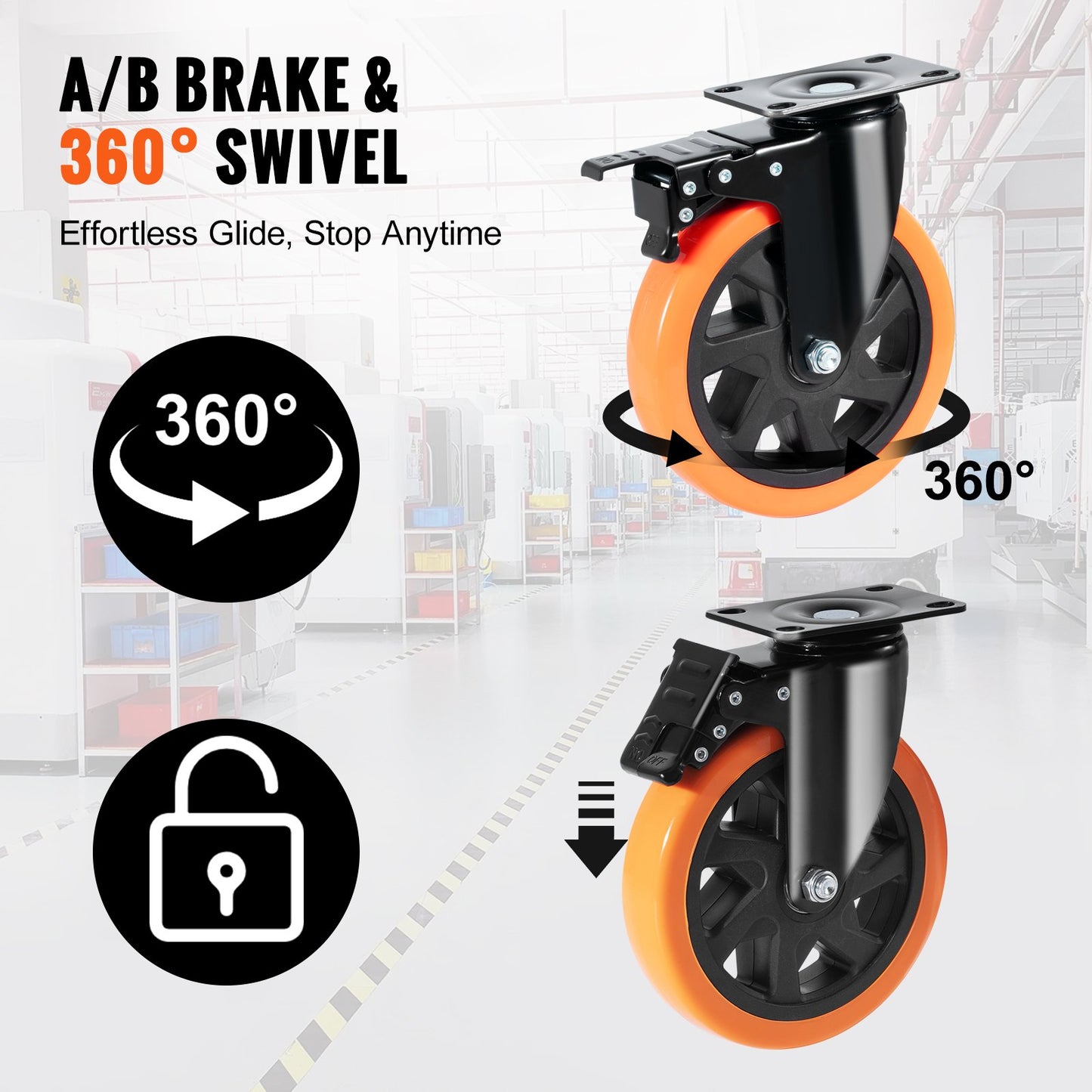Caster Wheels, 152.4 mm Swivel Plate Casters, Set of 4, with Security A/B Locking No Noise PVC Wheels, Heavy Duty 318 kg Load Capacity Per Caster, Non-Marking Wheels for Cart Furniture Workbench - Image 3