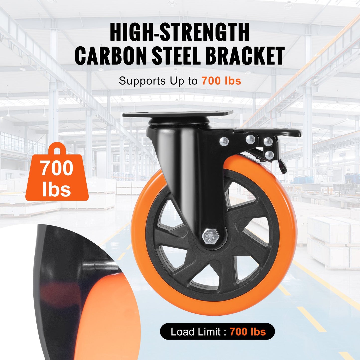 Caster Wheels, 152.4 mm Swivel Plate Casters, Set of 4, with Security A/B Locking No Noise PVC Wheels, Heavy Duty 318 kg Load Capacity Per Caster, Non-Marking Wheels for Cart Furniture Workbench - Image 4