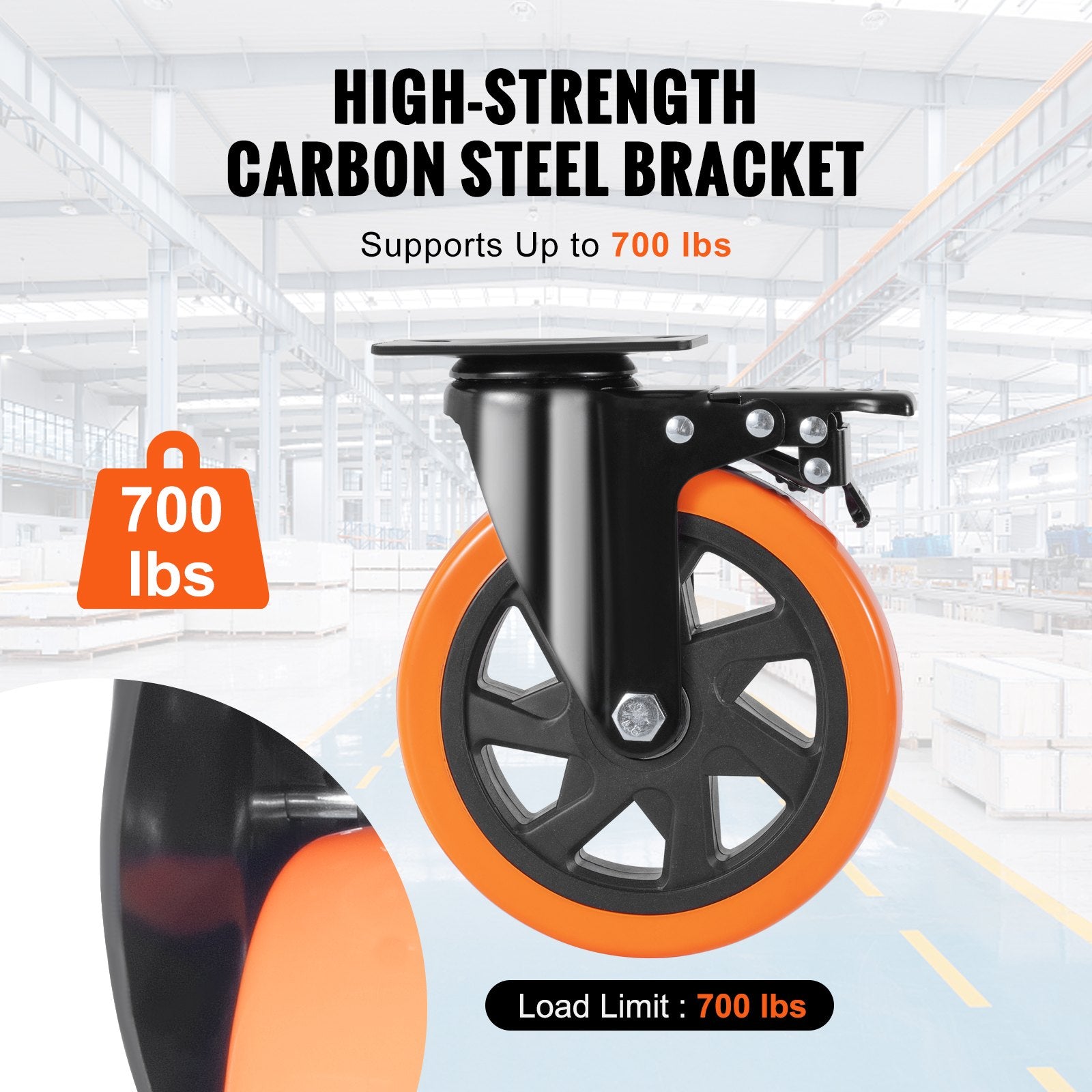 Caster Wheels, 152.4 mm Swivel Plate Casters, Set of 4, with Security A/B Locking No Noise PVC Wheels, Heavy Duty 318 kg Load Capacity Per Caster, Non-Marking Wheels for Cart Furniture Workbench - Image 4