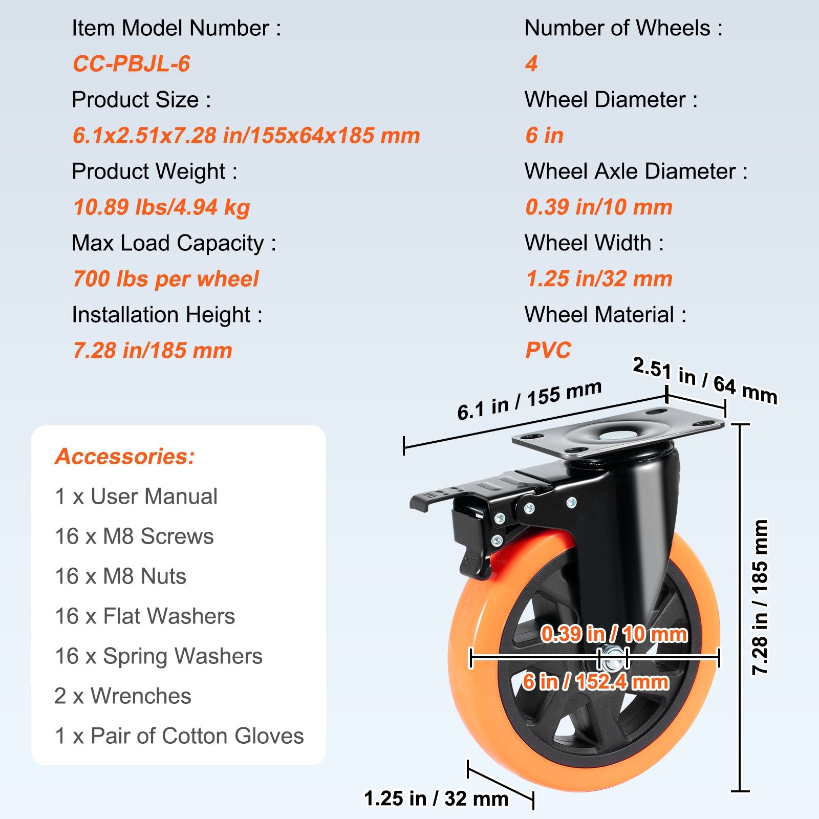 Caster Wheels, 152.4 mm Swivel Plate Casters, Set of 4, with Security A/B Locking No Noise PVC Wheels, Heavy Duty 318 kg Load Capacity Per Caster, Non-Marking Wheels for Cart Furniture Workbench - Image 7