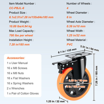 Caster Wheels, 152.4 mm Swivel Plate Casters, Set of 4, with Security A/B Locking No Noise PVC Wheels, Heavy Duty 318 kg Load Capacity Per Caster, Non-Marking Wheels for Cart Furniture Workbench - Image 7