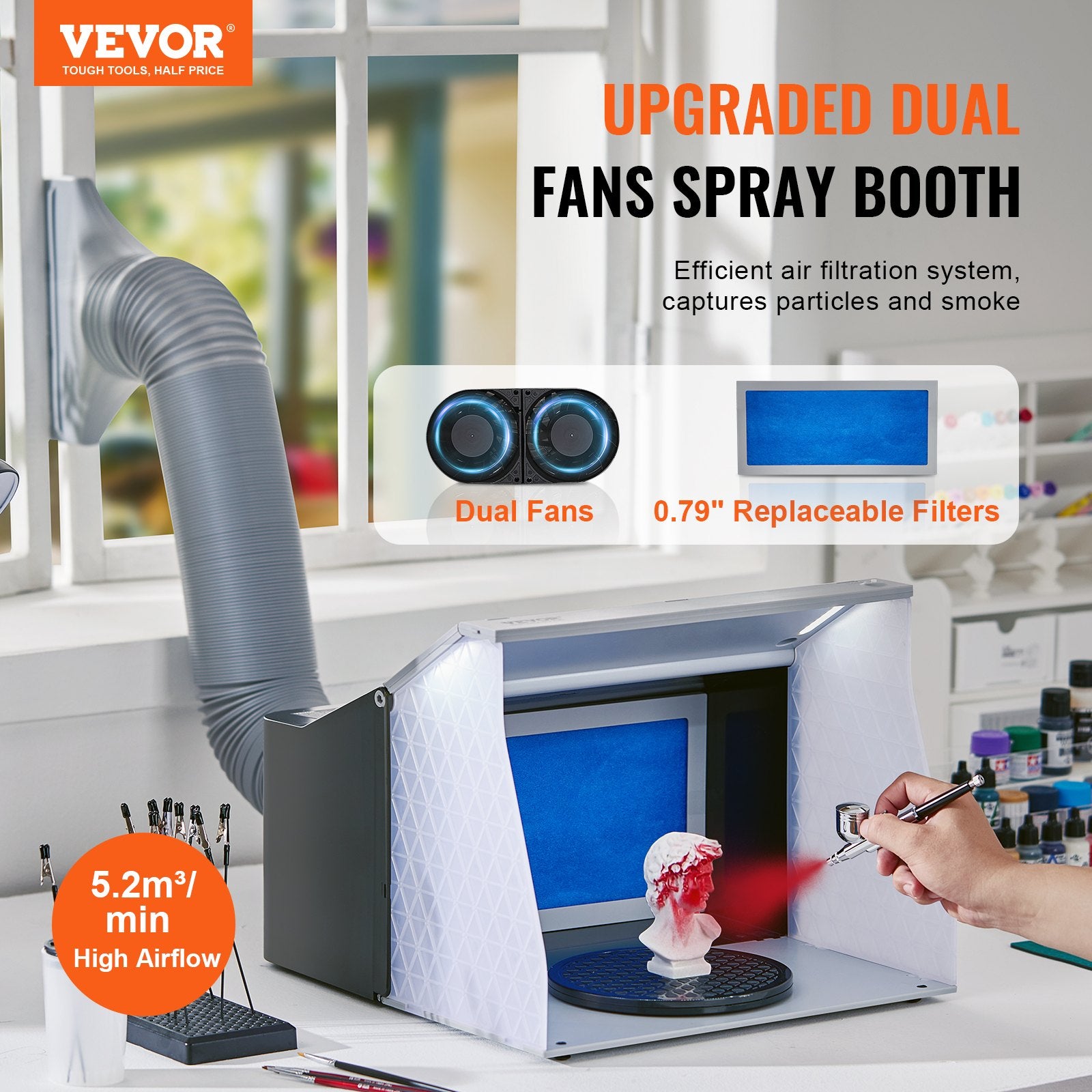 Airbrush Spray Booth, Portable Hobby Airbrush Paint Spray Booth Kit with 4 LED Light, Powerful Dual Exhaust Fans, Turntable and 6 ft Extension Hose, for Painting Models, Arts, Crafts, Cakes - Image 2