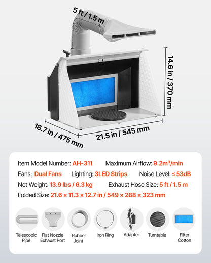 Airbrush Spray Booth, Dual Fans, 545 x 475 x 370 mm, Portable Hobby Airbrush Paint Spray Booth Kit with 3 LED Lights and Exhaust Extension Hose, for Painting Models, Arts, Crafts, Cakes - Image 7