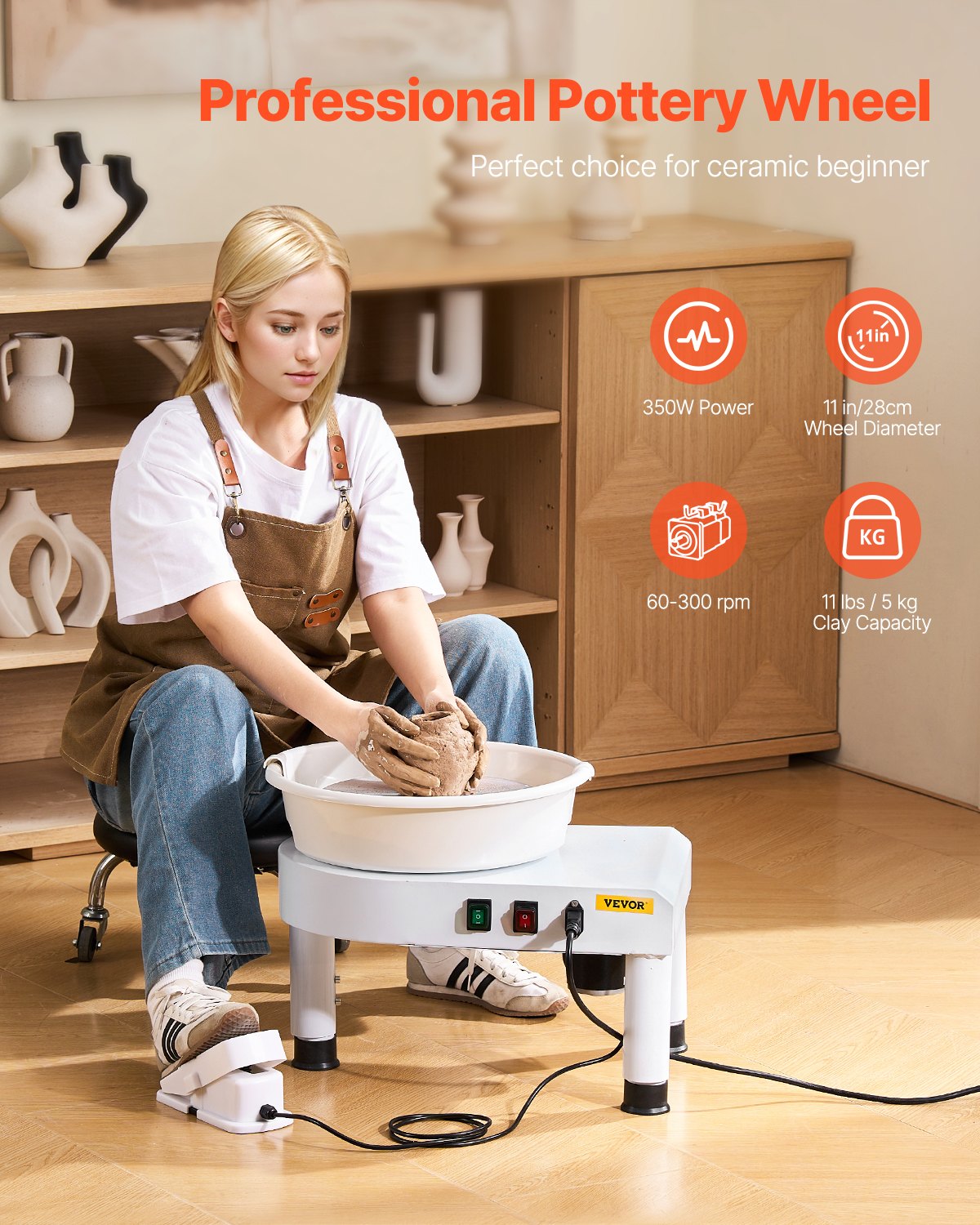 Pottery Wheel, 28 cm Ceramic Wheel Forming Machine, 60-300 RPM Speed Adjustable Foot Pedal, Adjustable Lift Leg, Detachable Basin, Complete Tool Accessory Kit for Work Art Craft DIY, White - Image 2