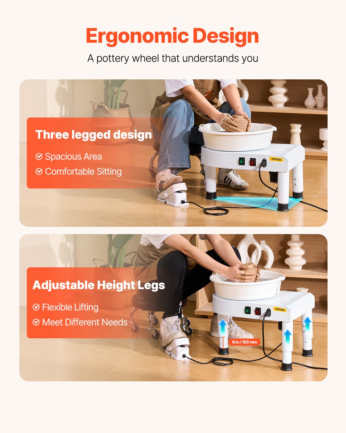 Pottery Wheel, 28 cm Ceramic Wheel Forming Machine, 60-300 RPM Speed Adjustable Foot Pedal, Adjustable Lift Leg, Detachable Basin, Complete Tool Accessory Kit for Work Art Craft DIY, White - Image 3