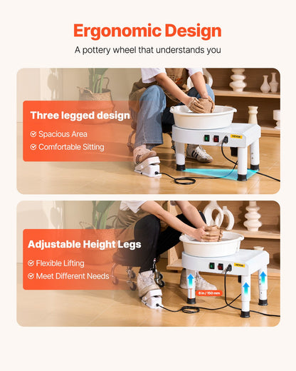 Pottery Wheel, 28 cm Ceramic Wheel Forming Machine, 60-300 RPM Speed Adjustable Foot Pedal, Adjustable Lift Leg, Detachable Basin, Complete Tool Accessory Kit for Work Art Craft DIY, White - Image 3