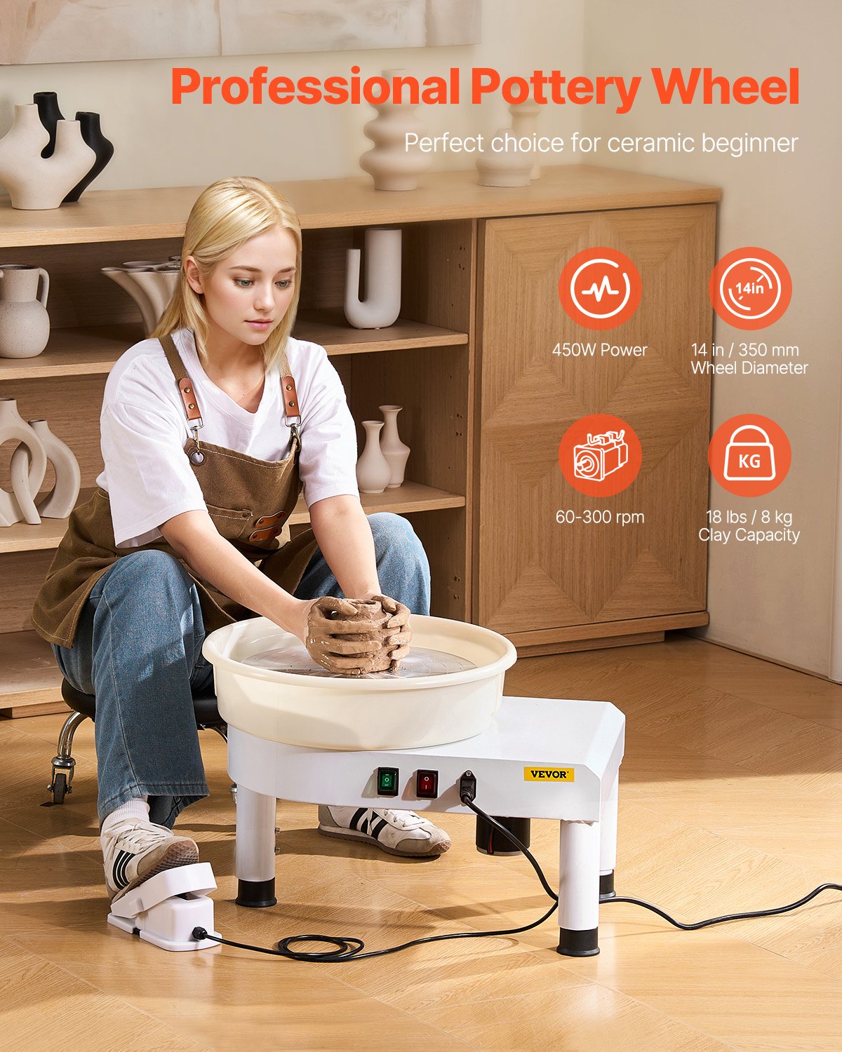 Pottery Wheel, 35 cm Ceramic Wheel Forming Machine, 60-300 RPM Speed Adjustable Foot Pedal, Adjustable Lift Leg, Detachable Basin, Complete Tool Accessory Kit for Work Art Craft DIY, White - Image 2