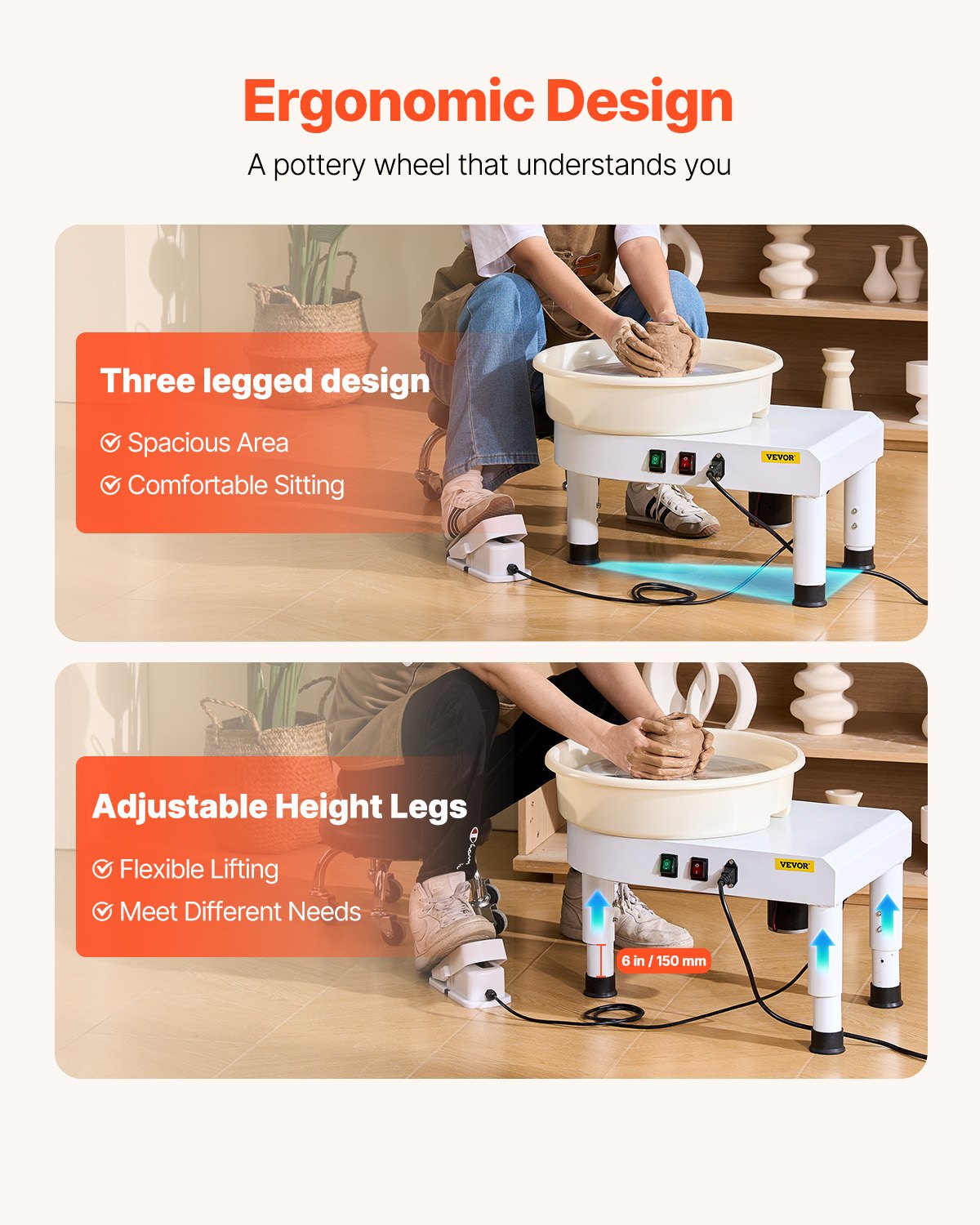 Pottery Wheel, 35 cm Ceramic Wheel Forming Machine, 60-300 RPM Speed Adjustable Foot Pedal, Adjustable Lift Leg, Detachable Basin, Complete Tool Accessory Kit for Work Art Craft DIY, White - Image 3