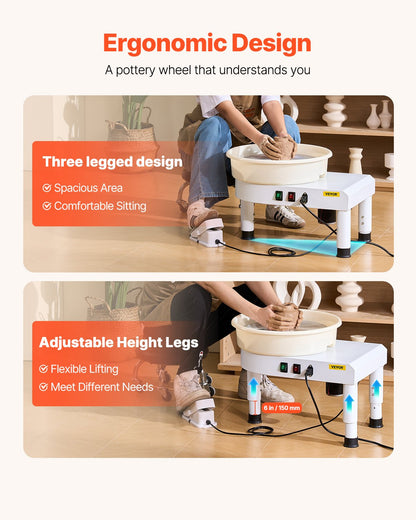 Pottery Wheel, 35 cm Ceramic Wheel Forming Machine, 60-300 RPM Speed Adjustable Foot Pedal, Adjustable Lift Leg, Detachable Basin, Complete Tool Accessory Kit for Work Art Craft DIY, White - Image 3