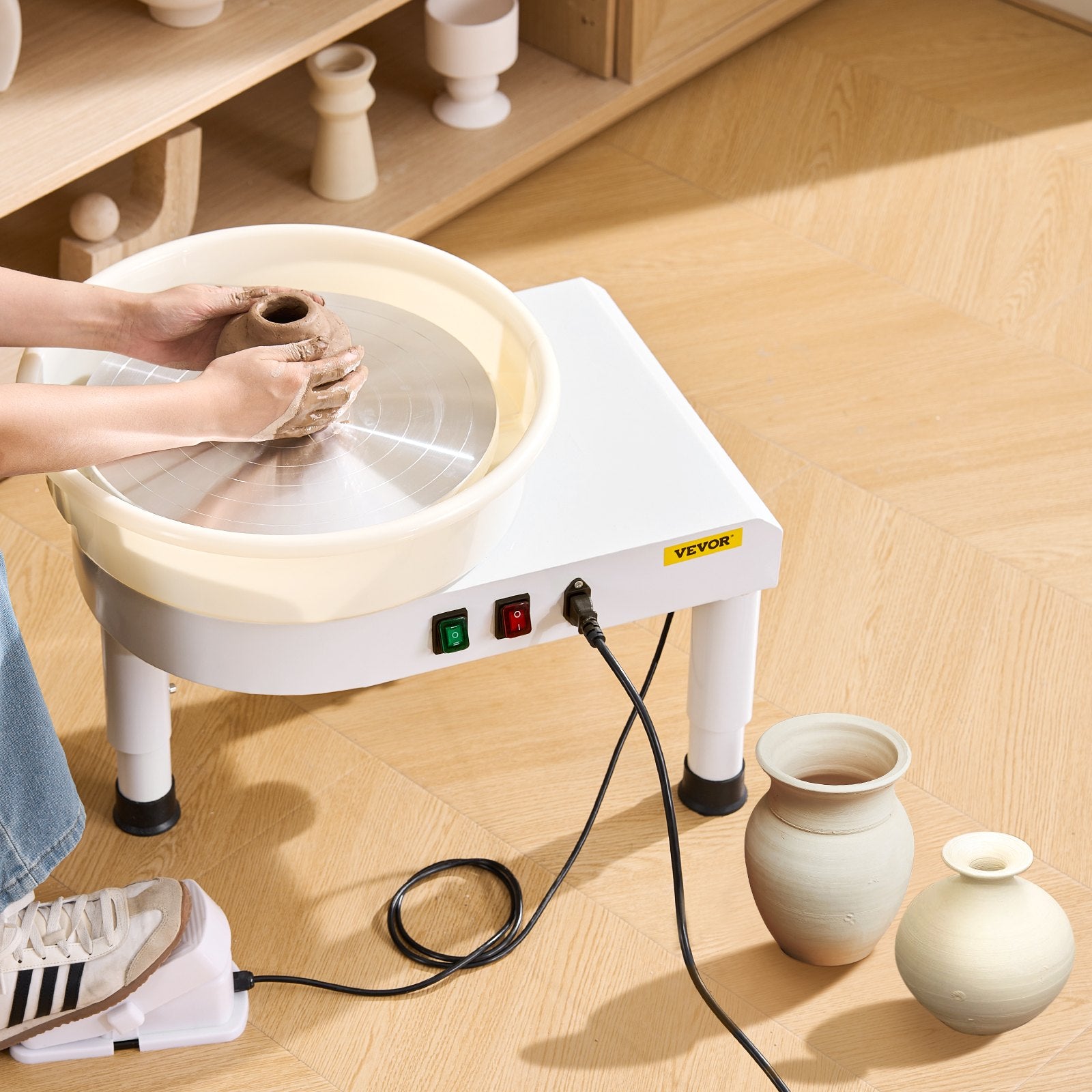Pottery Wheel, 35 cm Ceramic Wheel Forming Machine, 60-300 RPM Speed Adjustable Foot Pedal, Adjustable Lift Leg, Detachable Basin, Complete Tool Accessory Kit for Work Art Craft DIY, White - Image 8