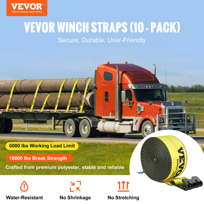 Winch Straps, 10.2 cm x 9.1 m, 2.7T Load Capacity, 8.2T Break Strength, Truck Straps with Flat Hook, Flatbed Tie Downs Cargo Control for Trailers, Farms, Rescues, Tree Saver, Yellow (10 Pack) - Image 2