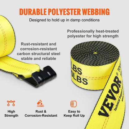 Winch Straps, 10.2 cm x 9.1 m, 2.7T Load Capacity, 8.2T Break Strength, Truck Straps with Flat Hook, Flatbed Tie Downs Cargo Control for Trailers, Farms, Rescues, Tree Saver, Yellow (10 Pack) - Image 3