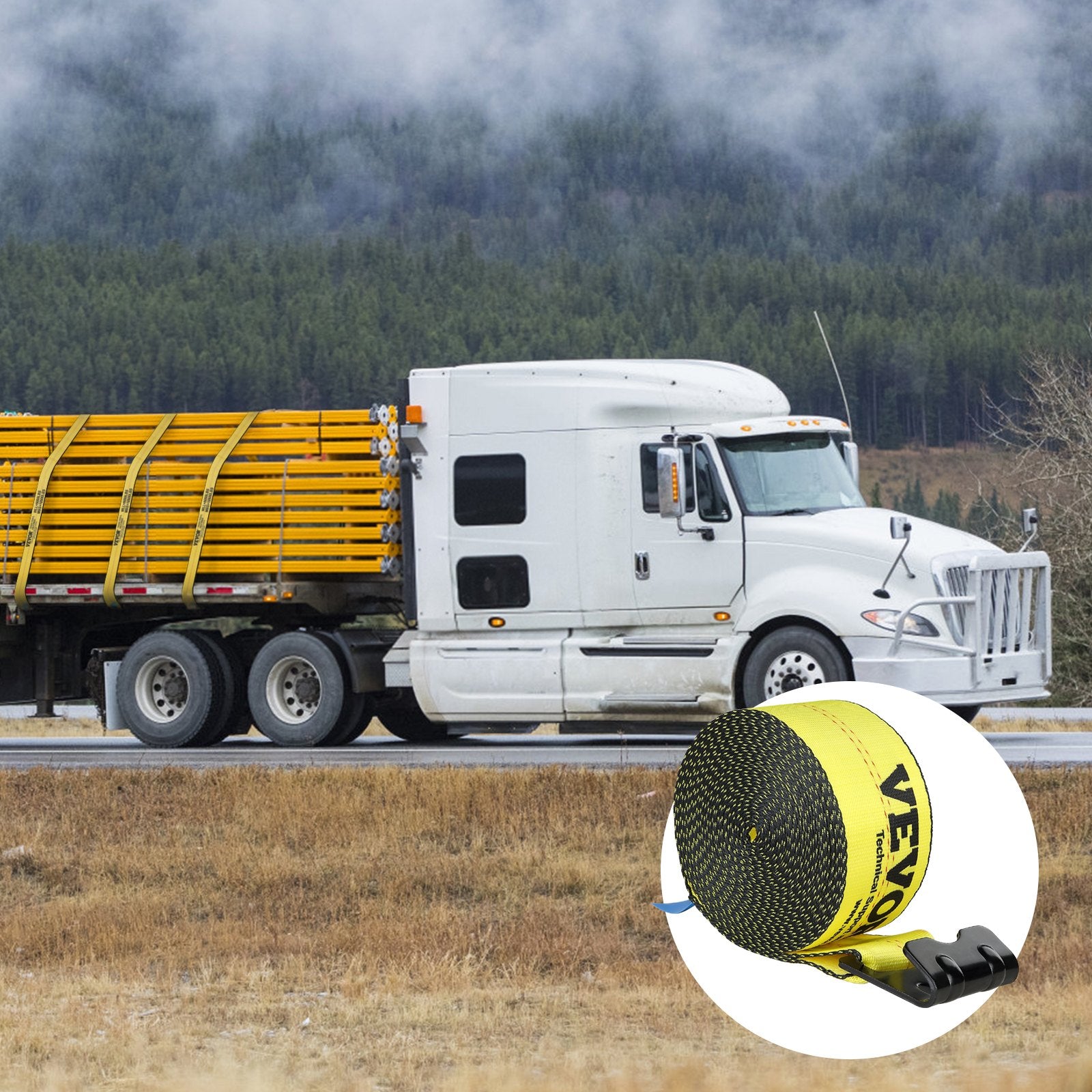 Winch Straps, 10.2 cm x 9.1 m, 2.7T Load Capacity, 8.2T Break Strength, Truck Straps with Flat Hook, Flatbed Tie Downs Cargo Control for Trailers, Farms, Rescues, Tree Saver, Yellow (10 Pack) - Image 8