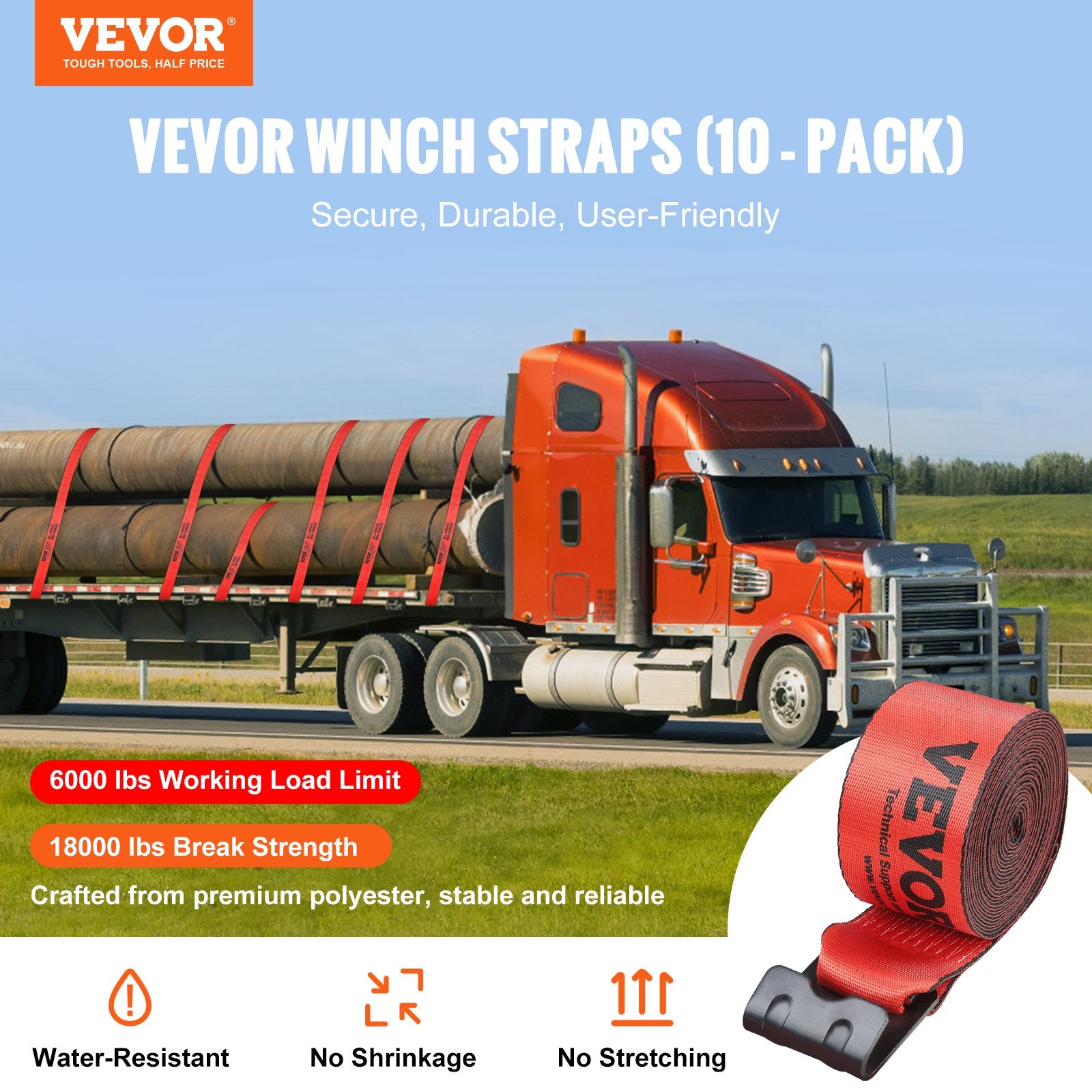 Winch Straps, 10.2 cm x 9.1 m, 2.7T Load Capacity, 8.2T Breaking Strength, Truck Straps with Flat Hook, Flatbed Tie Downs Cargo Control for Trailers, Farms, Rescues, Tree Saver, Red (10 Pack) - Image 2