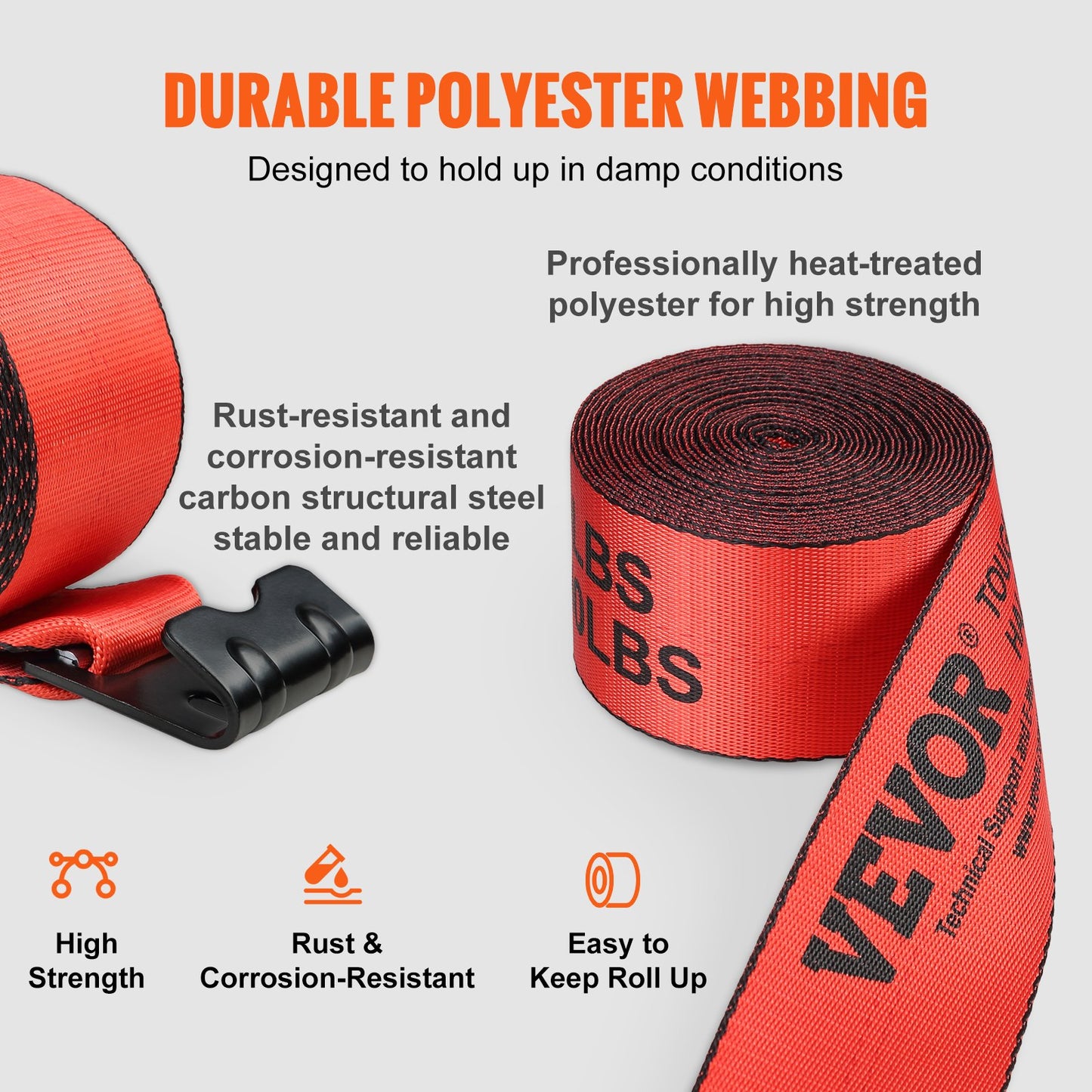 Winch Straps, 10.2 cm x 9.1 m, 2.7T Load Capacity, 8.2T Breaking Strength, Truck Straps with Flat Hook, Flatbed Tie Downs Cargo Control for Trailers, Farms, Rescues, Tree Saver, Red (10 Pack) - Image 3