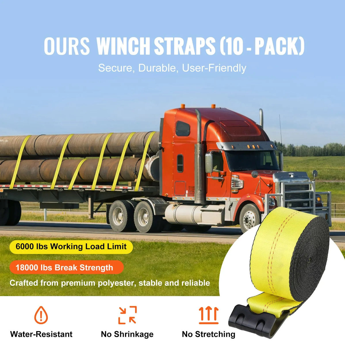 Winch Straps, 10.2 cm x 12.2 m, 2.7T Load Capacity, 8.2T Break Strength, Truck Straps with Flat Hook, Flatbed Tie Downs Cargo Control for Trailers, Farms, Rescues, Tree Saver, Yellow (10 Pack) - Image 2