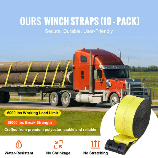 Winch Straps, 10.2 cm x 12.2 m, 2.7T Load Capacity, 8.2T Break Strength, Truck Straps with Flat Hook, Flatbed Tie Downs Cargo Control for Trailers, Farms, Rescues, Tree Saver, Yellow (10 Pack) - Image 2