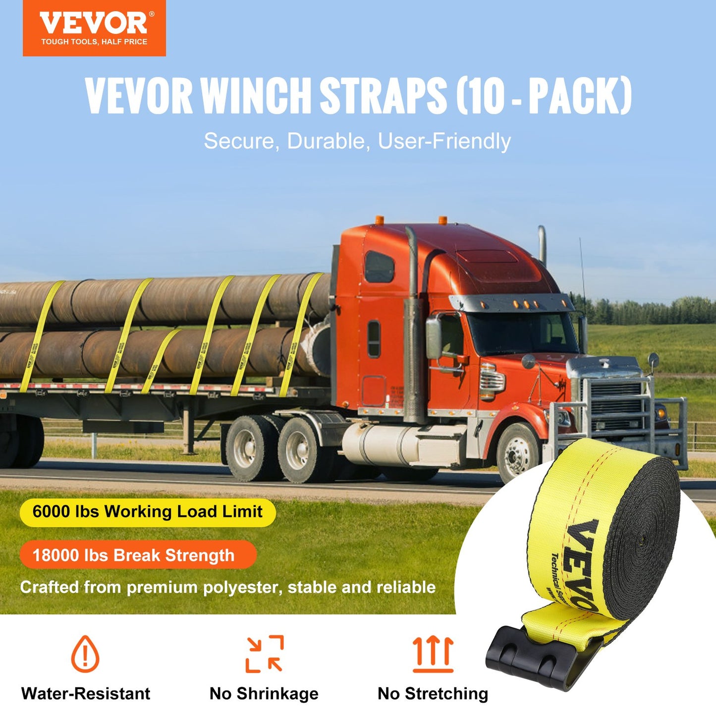 Winch Straps, 10.2 cm x 12.2 m, 2.7T Load Capacity, 8.2T Break Strength, Truck Straps with Flat Hook, Flatbed Tie Downs Cargo Control for Trailers, Farms, Rescues, Tree Saver, Yellow (10 Pack) - Image 2