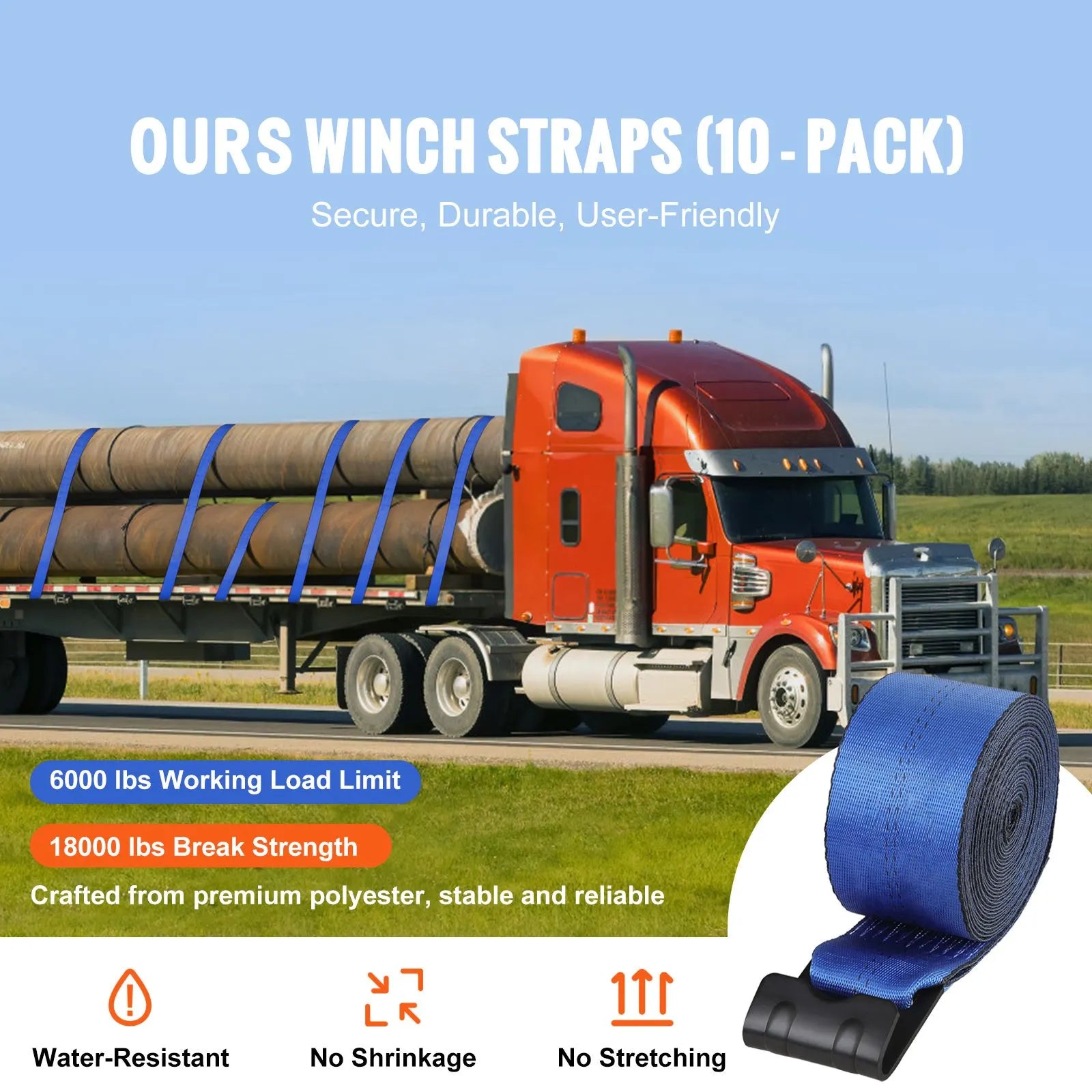 Winch Straps, 10.2 cm x 9.1 m, 2.7T Load Capacity, 8.2T Breaking Strength, Truck Straps with Flat Hook, Flatbed Tie Downs Cargo Control for Trailers, Farms, Rescues, Tree Saver, Blue (10 Pack) - Image 2