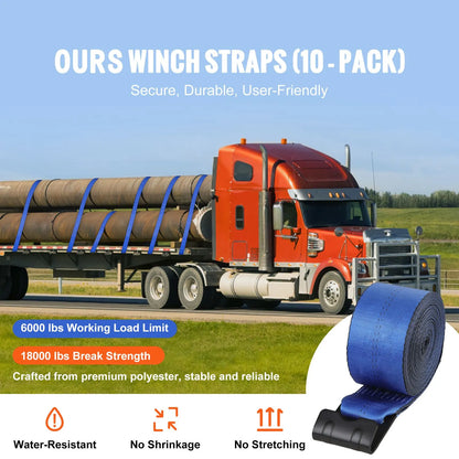 Winch Straps, 10.2 cm x 9.1 m, 2.7T Load Capacity, 8.2T Breaking Strength, Truck Straps with Flat Hook, Flatbed Tie Downs Cargo Control for Trailers, Farms, Rescues, Tree Saver, Blue (10 Pack) - Image 2