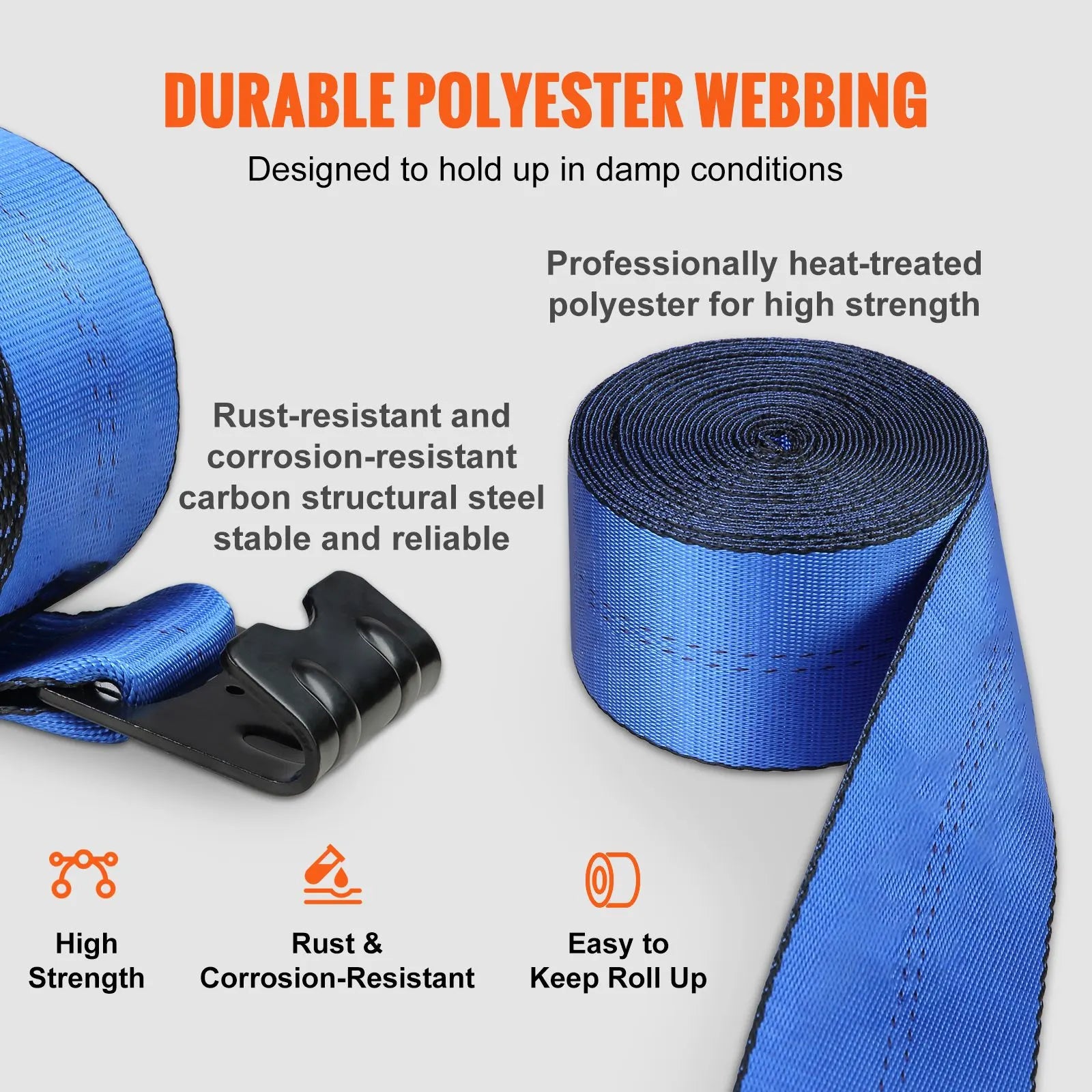 Winch Straps, 10.2 cm x 9.1 m, 2.7T Load Capacity, 8.2T Breaking Strength, Truck Straps with Flat Hook, Flatbed Tie Downs Cargo Control for Trailers, Farms, Rescues, Tree Saver, Blue (10 Pack) - Image 3
