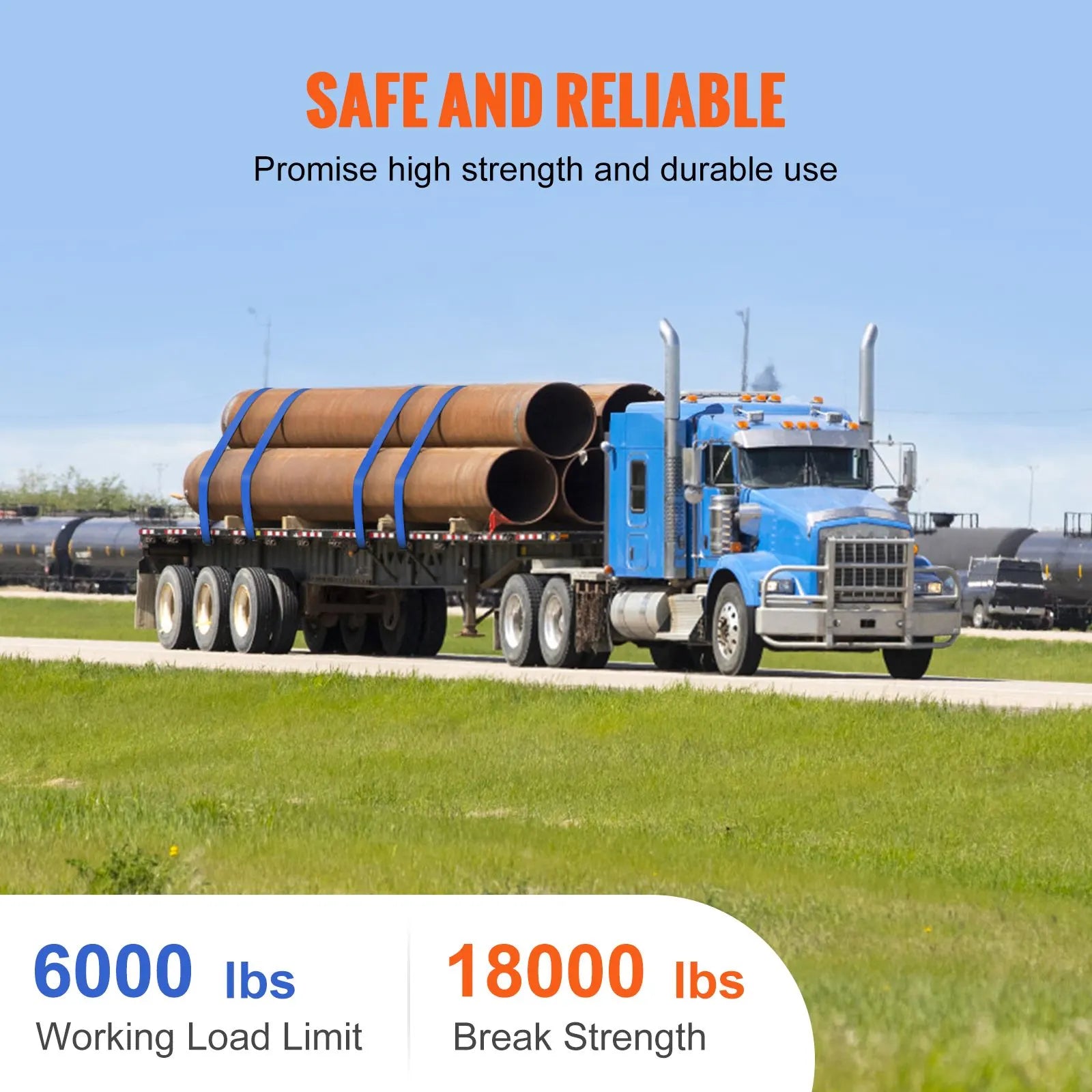 Winch Straps, 10.2 cm x 9.1 m, 2.7T Load Capacity, 8.2T Breaking Strength, Truck Straps with Flat Hook, Flatbed Tie Downs Cargo Control for Trailers, Farms, Rescues, Tree Saver, Blue (10 Pack) - Image 5