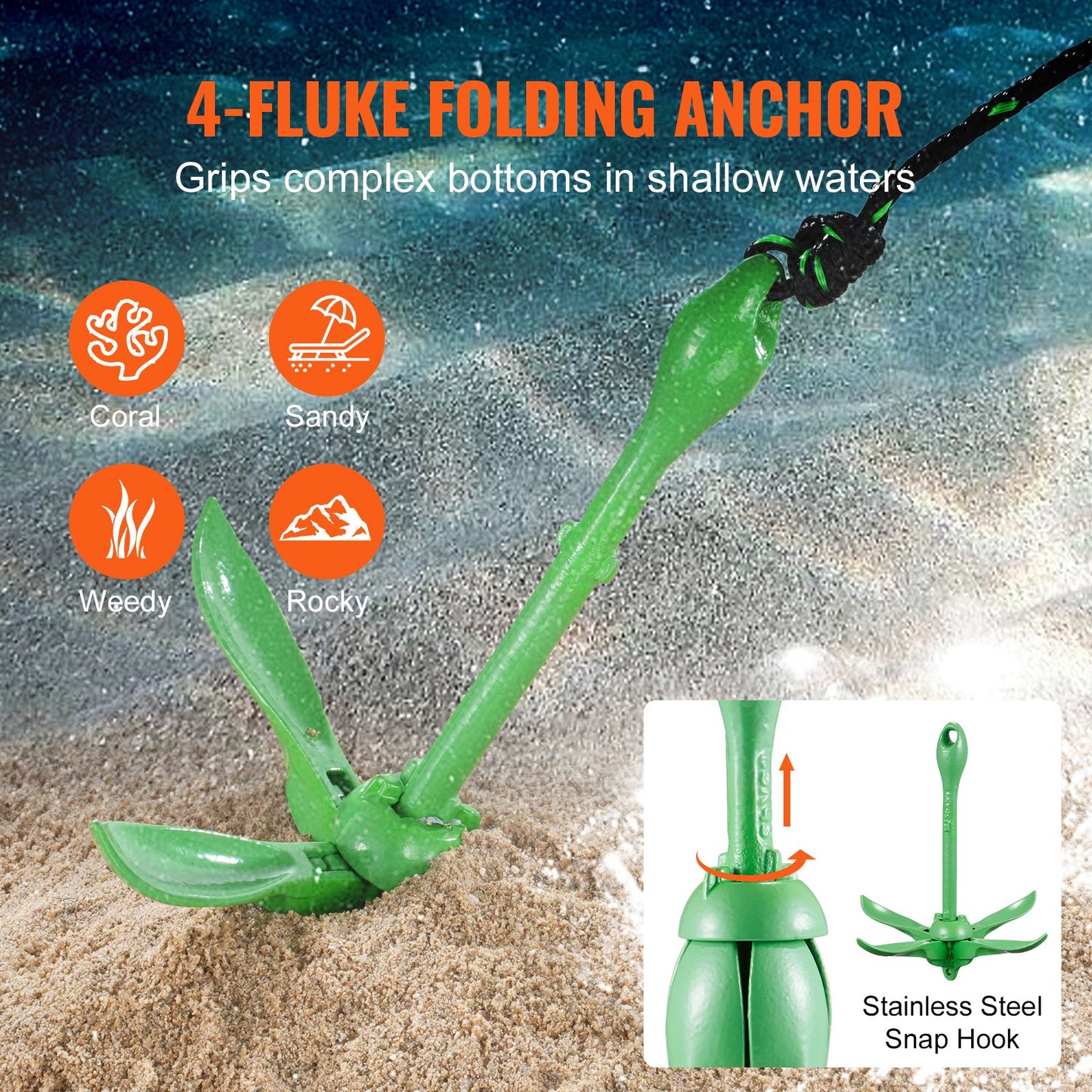 Kayak Anchor Kit, 3.5 lb Paddle Board Anchor Kit with 26.2 ft/8 m Rope and Buoy, Folding Small Boat Anchor with Storage Bag and Snap Hook, Kayak Accessories for Kayaks, Small Boats, Canoes - Image 3