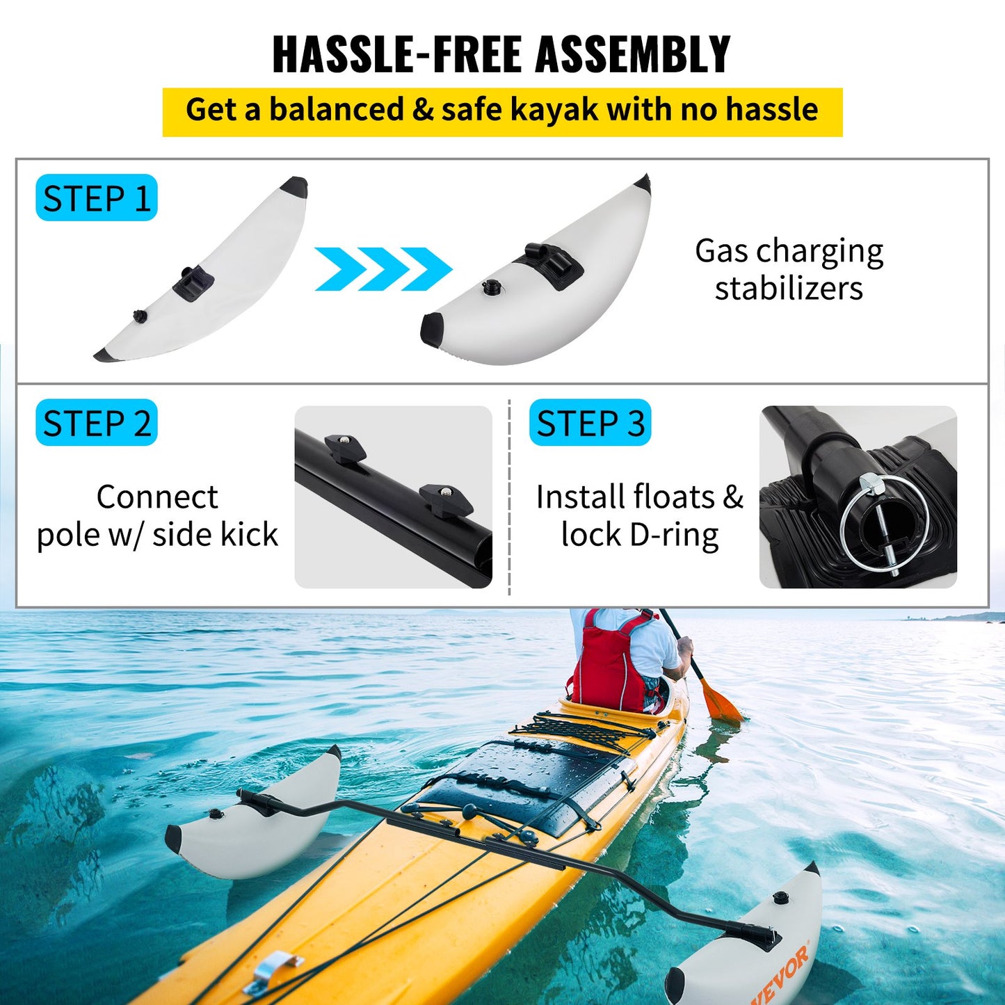 Kayak Outrigger Stabilizer Inflatable Outrigger Float 2PCS PVC w/ Arms Rod - Image 6
