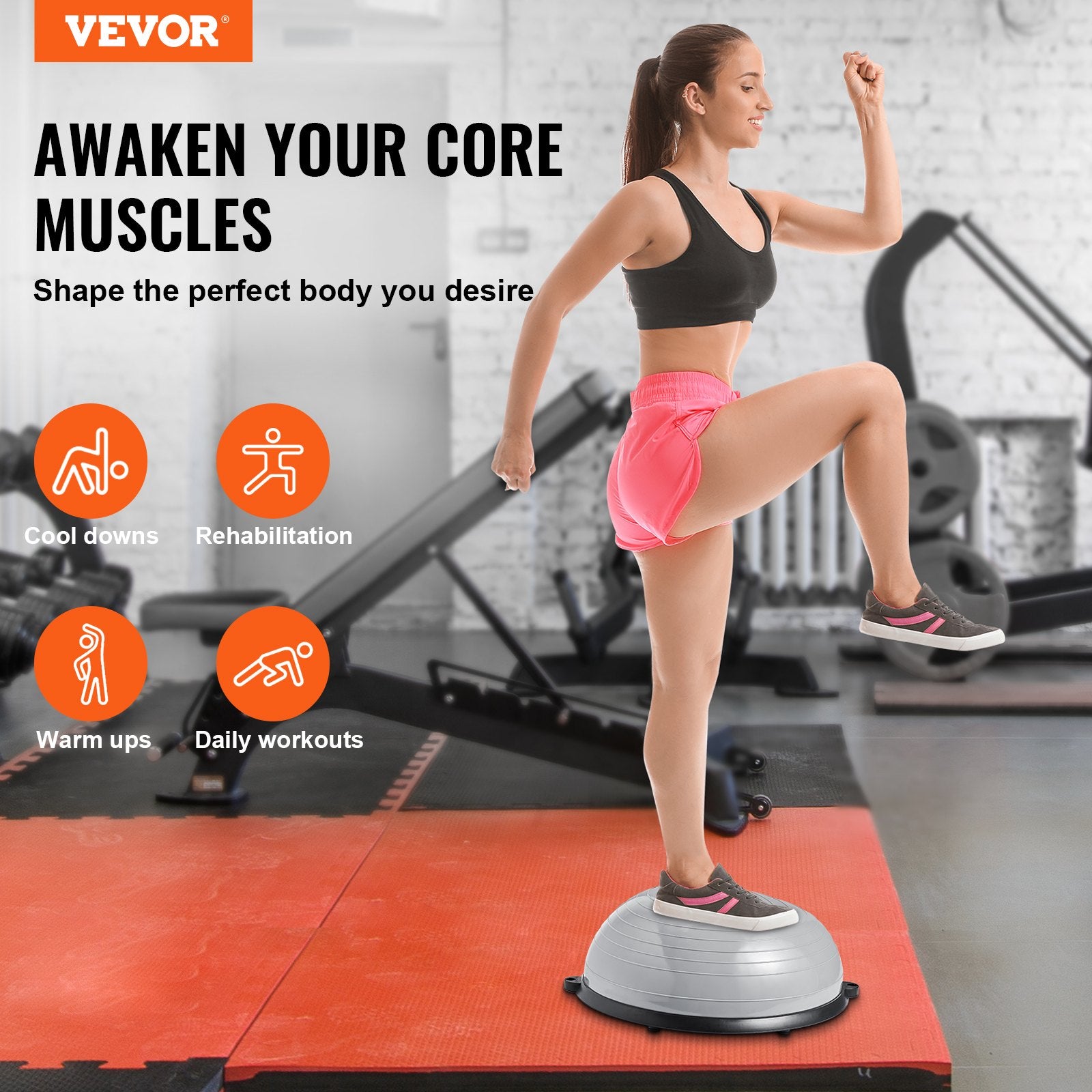 Half Exercise Ball Trainer, 23 inch Balance Ball Trainer, 660lbs Capacity Stability Ball, Yoga Ball with Resistance Bands & Foot Pump, Strength Fitness Ball for Home Gym, Full Body Workout, Gray - Image 2