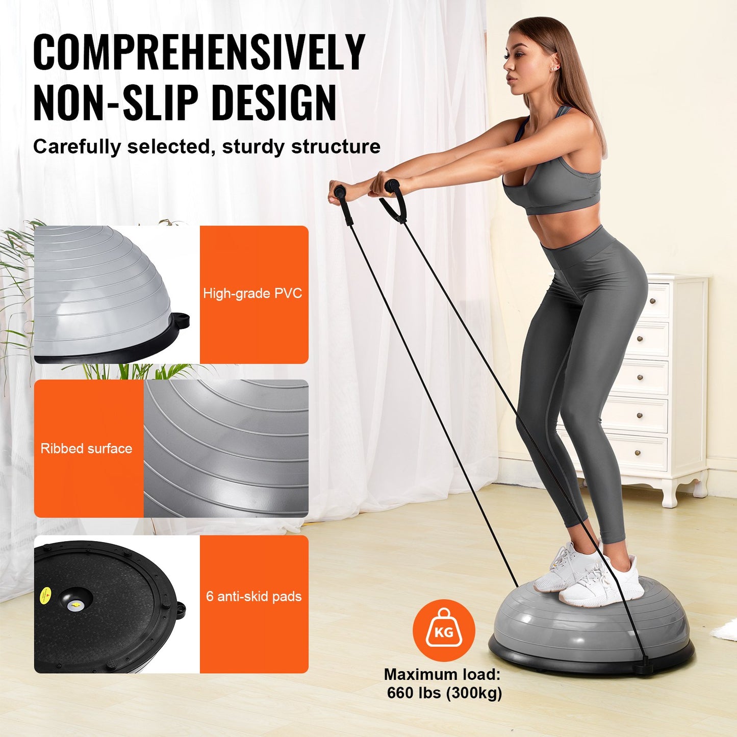 Half Exercise Ball Trainer, 23 inch Balance Ball Trainer, 660lbs Capacity Stability Ball, Yoga Ball with Resistance Bands & Foot Pump, Strength Fitness Ball for Home Gym, Full Body Workout, Gray - Image 4