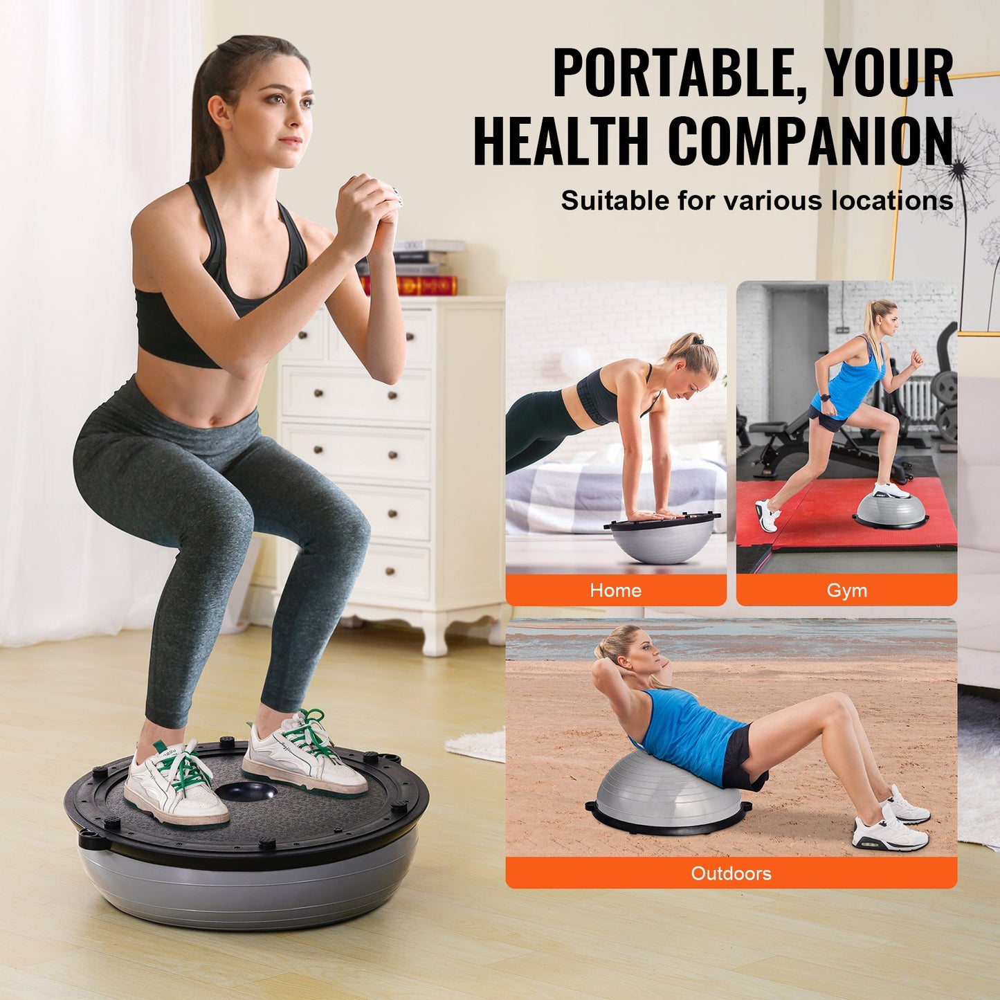 Half Exercise Ball Trainer, 23 inch Balance Ball Trainer, 660lbs Capacity Stability Ball, Yoga Ball with Resistance Bands & Foot Pump, Strength Fitness Ball for Home Gym, Full Body Workout, Gray - Image 6
