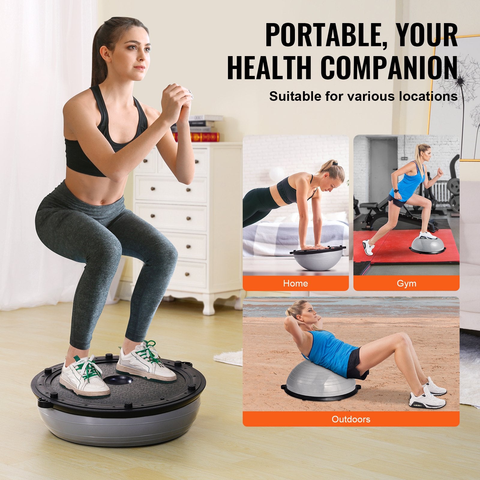 Half Exercise Ball Trainer, 23 inch Balance Ball Trainer, 660lbs Capacity Stability Ball, Yoga Ball with Resistance Bands & Foot Pump, Strength Fitness Ball for Home Gym, Full Body Workout, Gray - Image 6