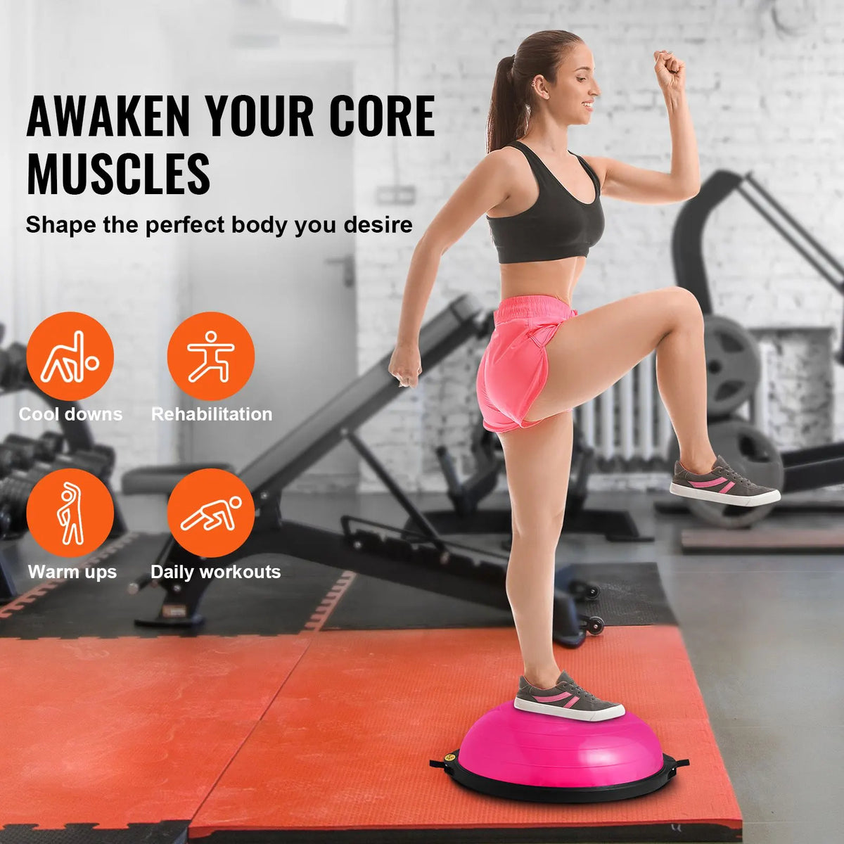 Half Exercise Ball Trainer, 26 inch Balance Ball Trainer, 1500lbs Capacity Stability Ball, Yoga Ball with Resistance Bands & Foot Pump, Strength Fitness Ball for Home Gym Full Body Workout, Pink - Image 2