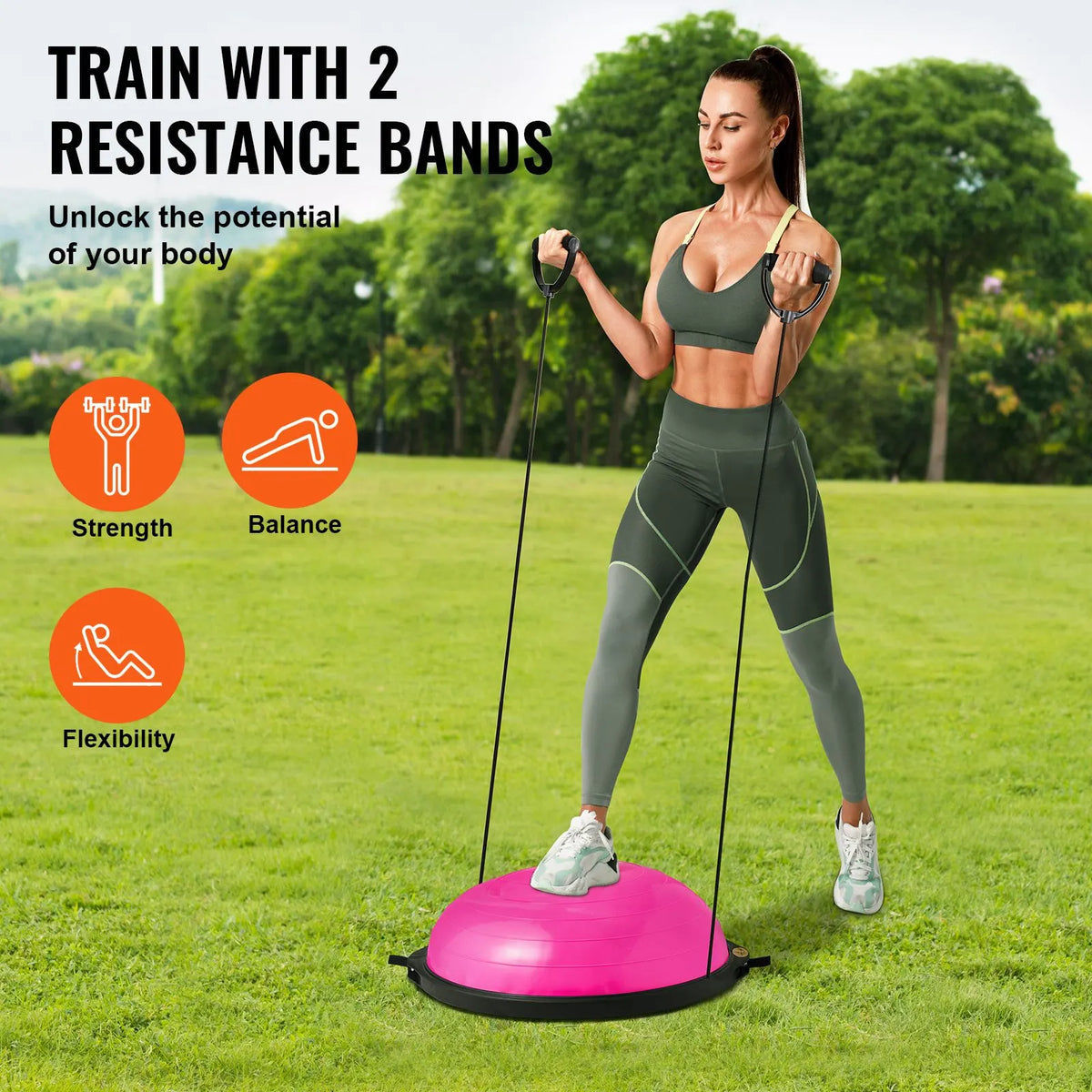 Half Exercise Ball Trainer, 26 inch Balance Ball Trainer, 1500lbs Capacity Stability Ball, Yoga Ball with Resistance Bands & Foot Pump, Strength Fitness Ball for Home Gym Full Body Workout, Pink - Image 3