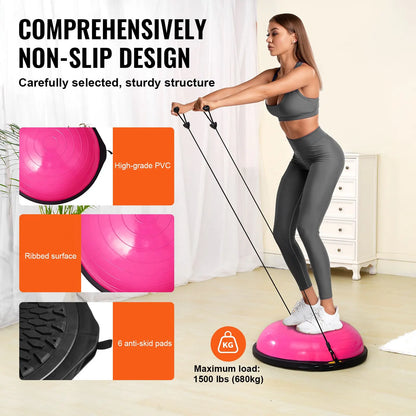 Half Exercise Ball Trainer, 26 inch Balance Ball Trainer, 1500lbs Capacity Stability Ball, Yoga Ball with Resistance Bands & Foot Pump, Strength Fitness Ball for Home Gym Full Body Workout, Pink - Image 4