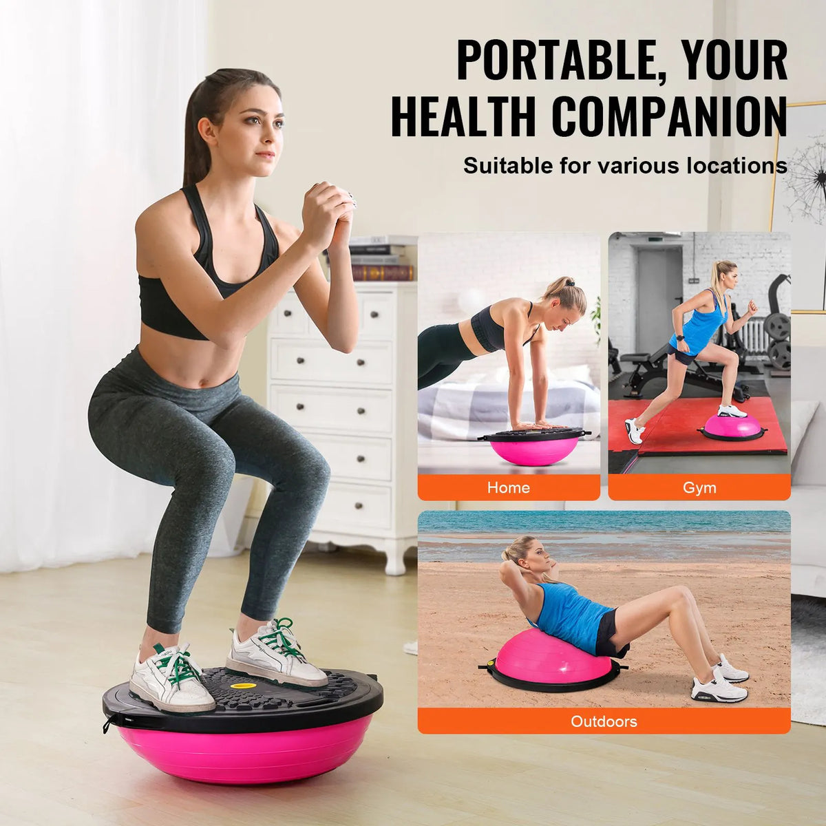 Half Exercise Ball Trainer, 26 inch Balance Ball Trainer, 1500lbs Capacity Stability Ball, Yoga Ball with Resistance Bands & Foot Pump, Strength Fitness Ball for Home Gym Full Body Workout, Pink - Image 6