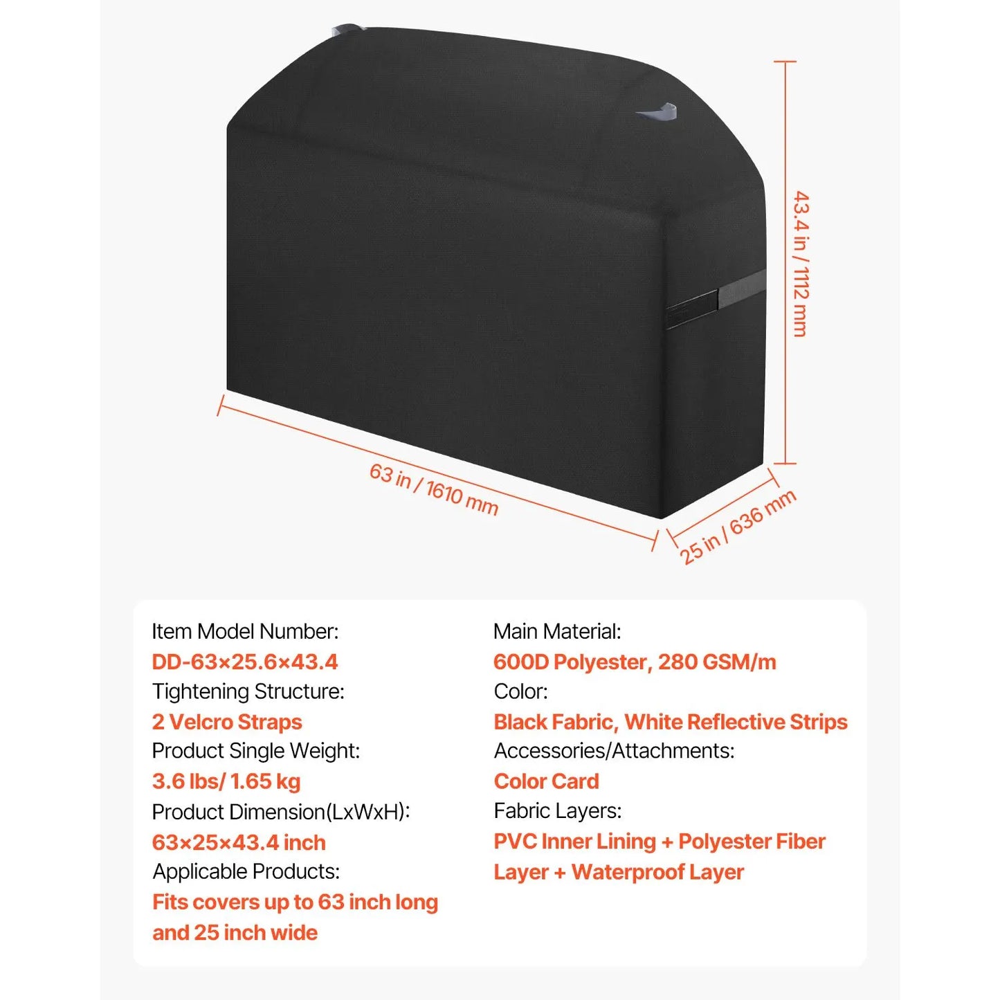 Grill Cover, 63 inch BBQ Covers for Outdoor Grills, Waterproof, Fade Resistant, Weather Resistant Heavy Duty 600D Polyester, Easy On/Off, with Hook-and-Loop Straps, Black - Image 7
