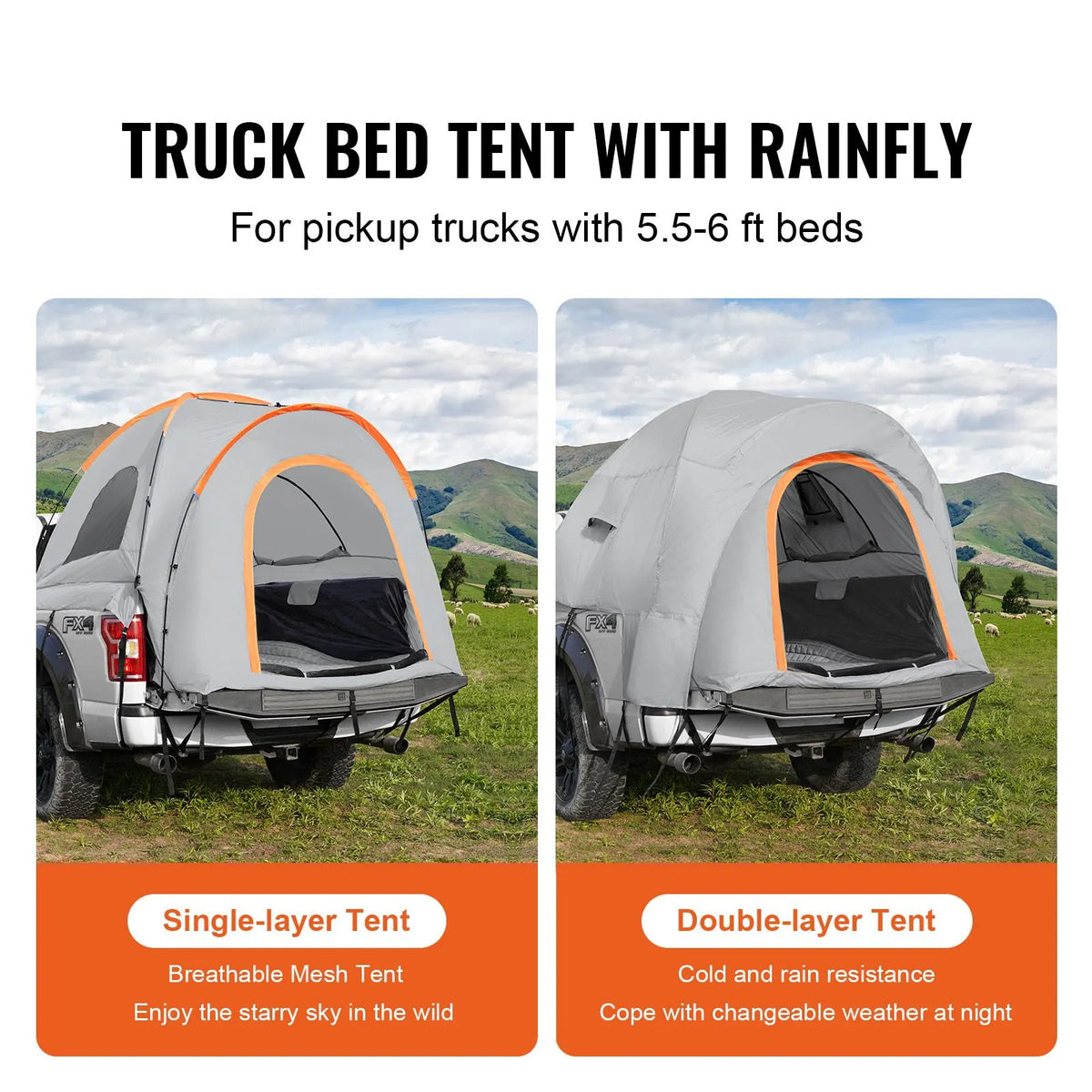 Truck Bed Tent, 5.5'-6' Pickup Truck Tent with Rain Layer and Carry Bag, Waterproof PU2000mm Double Layer Truck Tent for Camping, Accommodate 2-3 Person, for Camping Traveling Outdoor Activities - Image 2