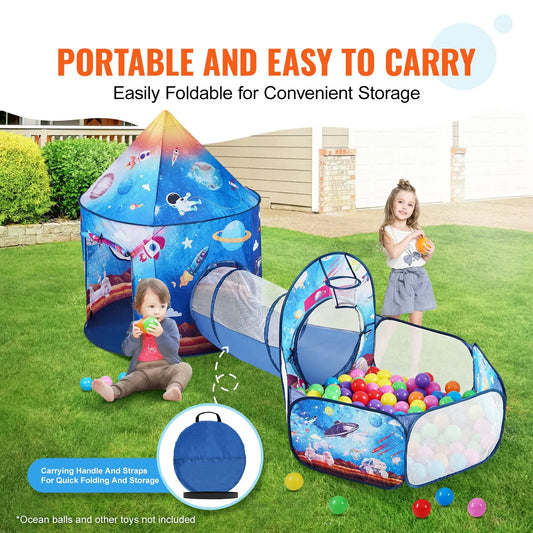 3 in 1 Kids Play Tent with Tunnel for Boys, Girls, Babies and Toddlers, Indoor/Outdoor Pop Up Playhouse with Carrying Bag & Banding Straps Birthday Gifts, Royal Blue Color Rocket Theme - Image 5